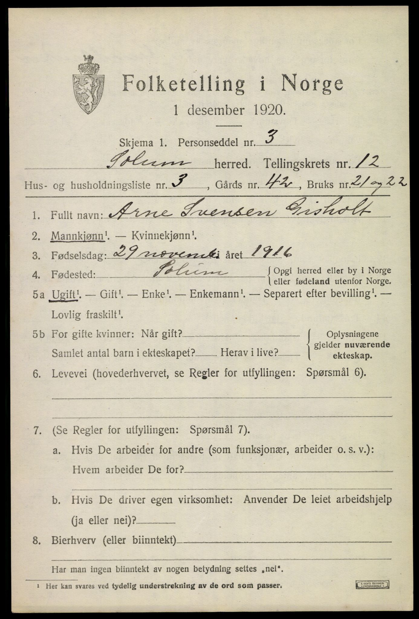 SAKO, 1920 census for Solum, 1920, p. 17050