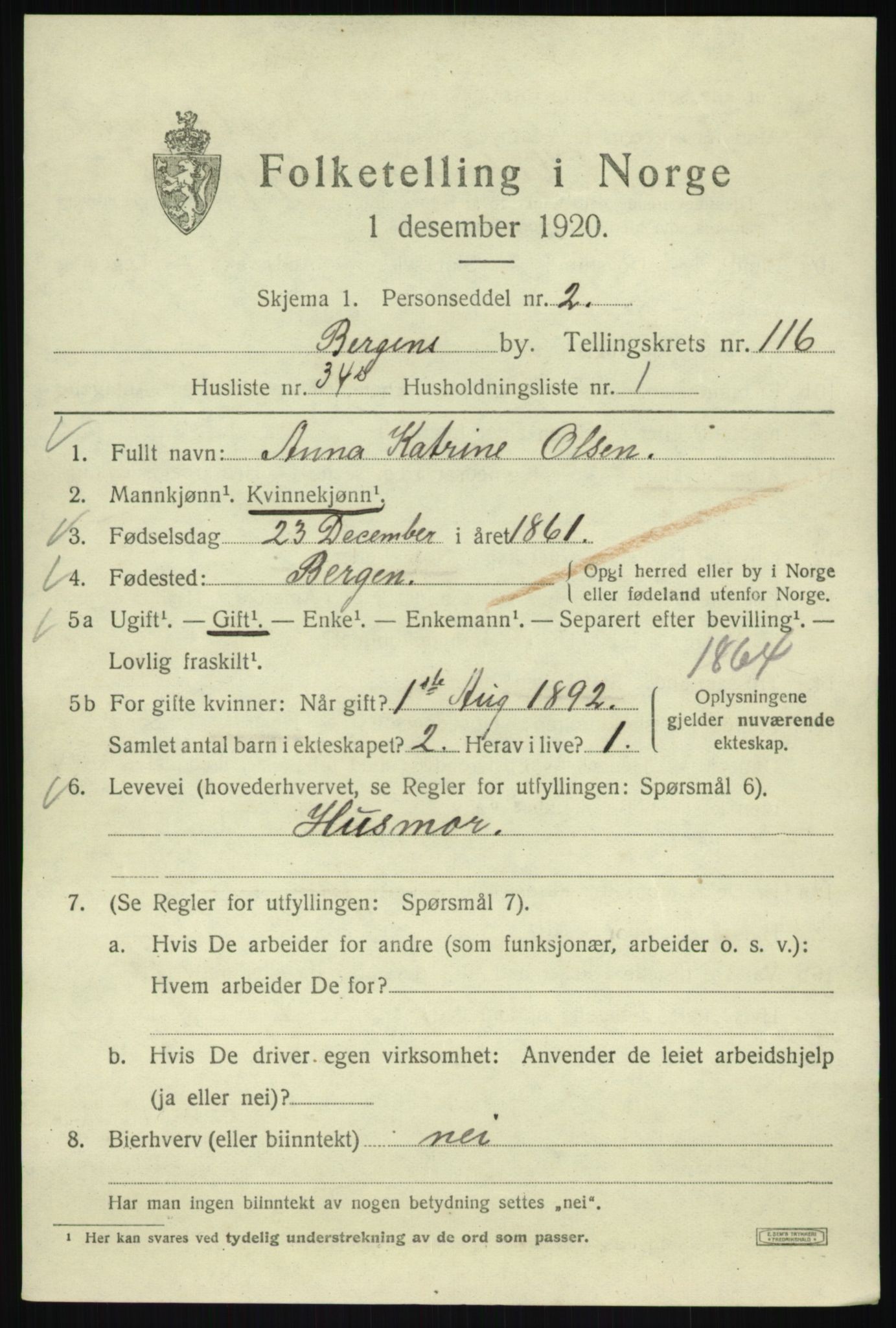 SAB, 1920 census for Bergen, 1920, p. 197494