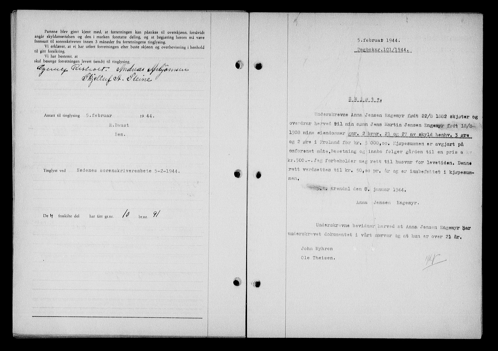 Nedenes sorenskriveri, SAK/1221-0006/G/Gb/Gba/L0051: Mortgage book no. A-V, 1943-1944, Diary no: : 101/1944