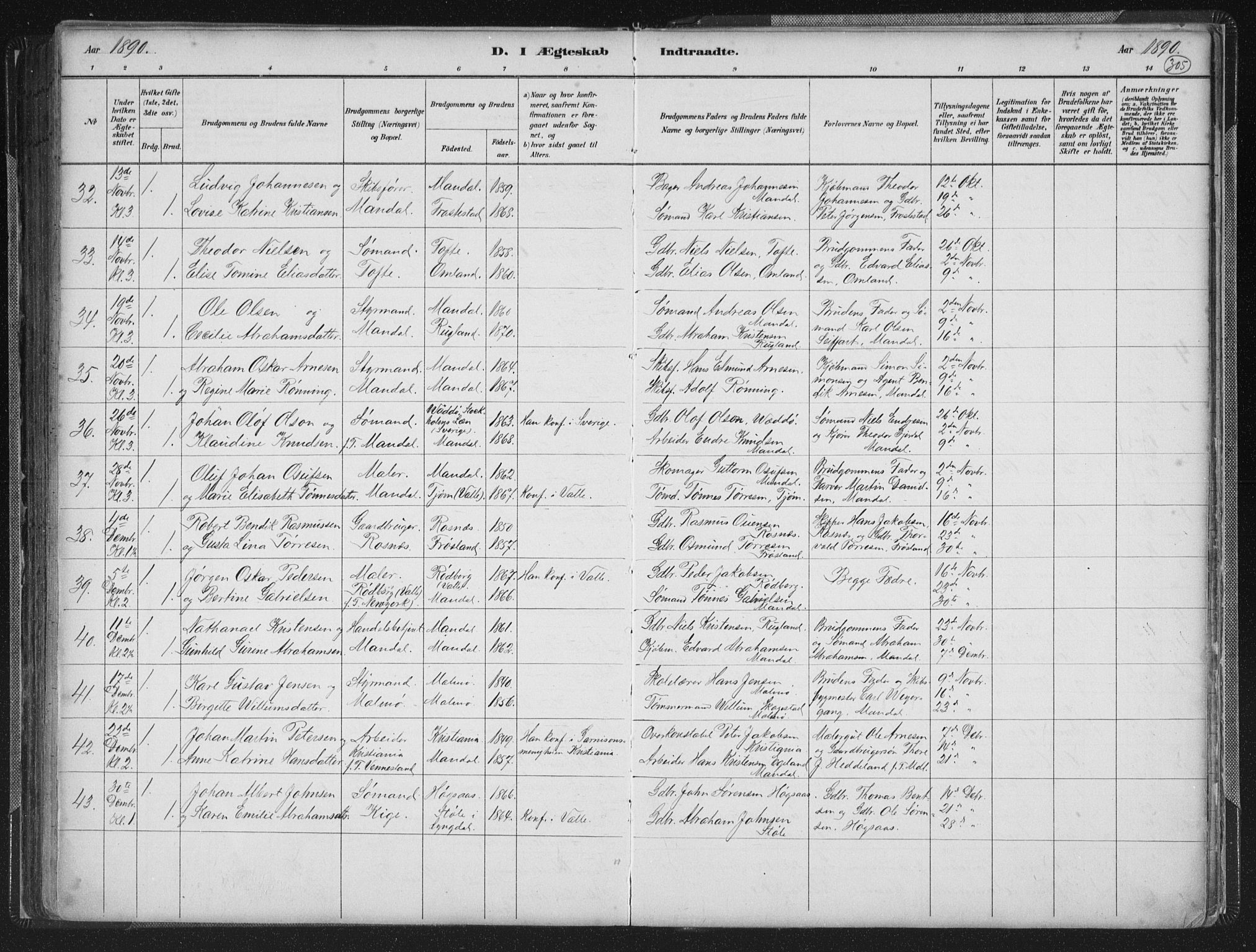 Mandal sokneprestkontor, AV/SAK-1111-0030/F/Fb/Fba/L0011: Parish register (copy) no. B 5, 1880-1898, p. 305