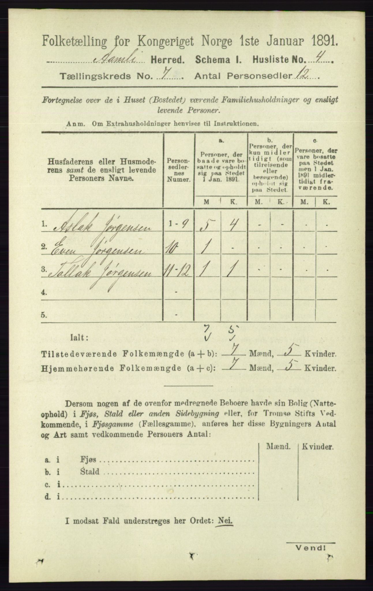 RA, 1891 census for 0929 Åmli, 1891, p. 919