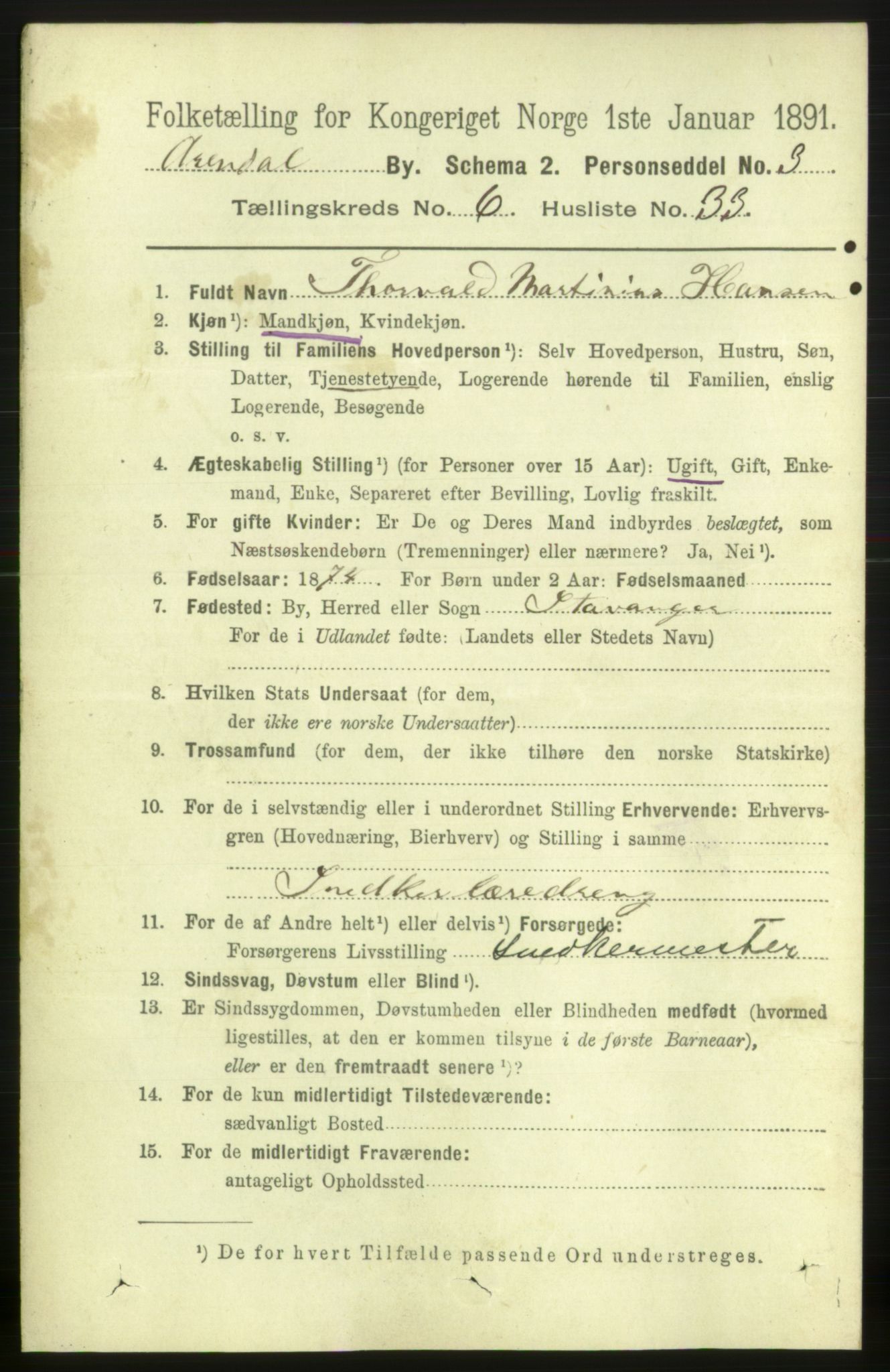 RA, 1891 census for 0903 Arendal, 1891, p. 2518