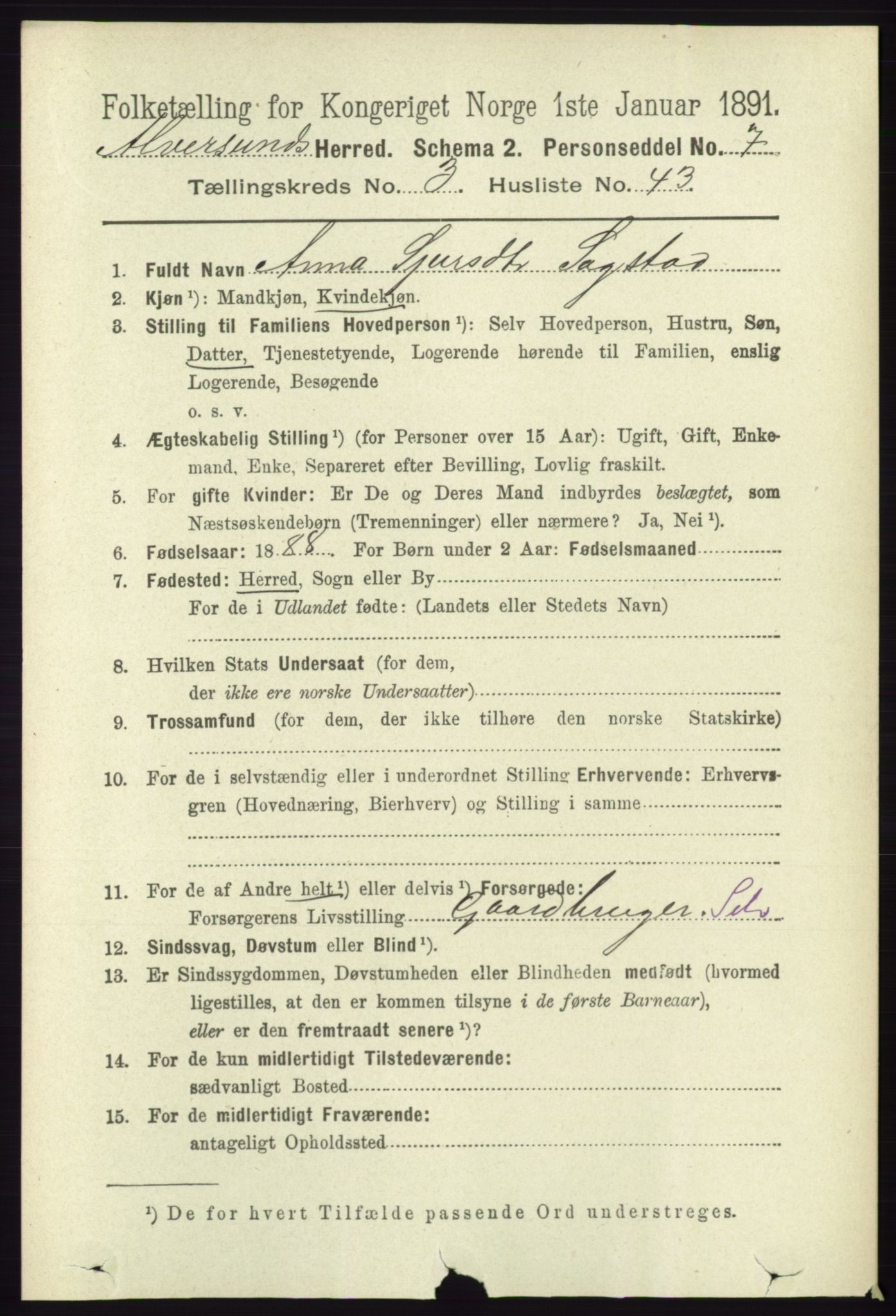 RA, 1891 census for 1257 Alversund, 1891, p. 1320