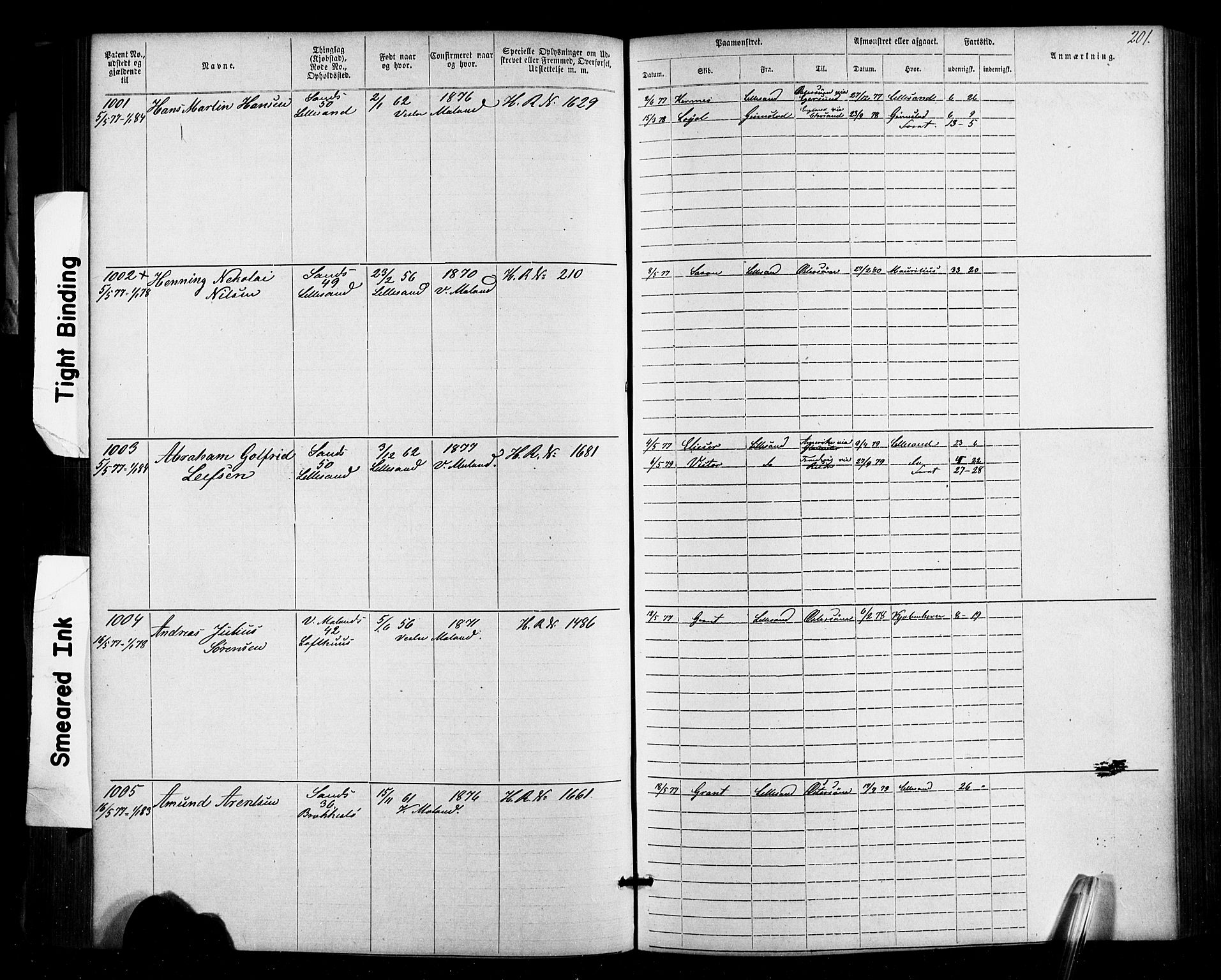Lillesand mønstringskrets, SAK/2031-0014/F/Fa/L0002: Annotasjonsrulle nr 1-1910 med register, W-8, 1868-1891, p. 207