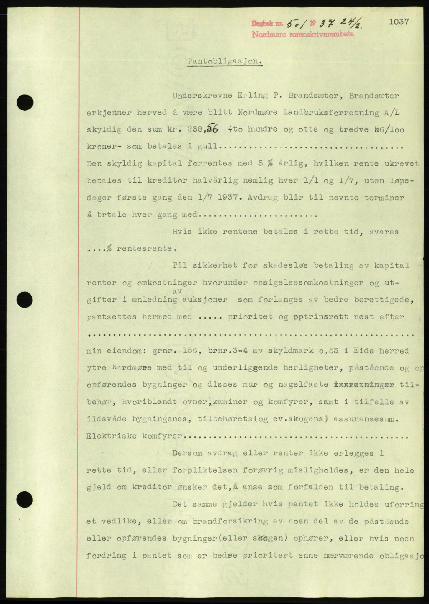 Nordmøre sorenskriveri, AV/SAT-A-4132/1/2/2Ca/L0090: Mortgage book no. B80, 1936-1937, Diary no: : 501/1937