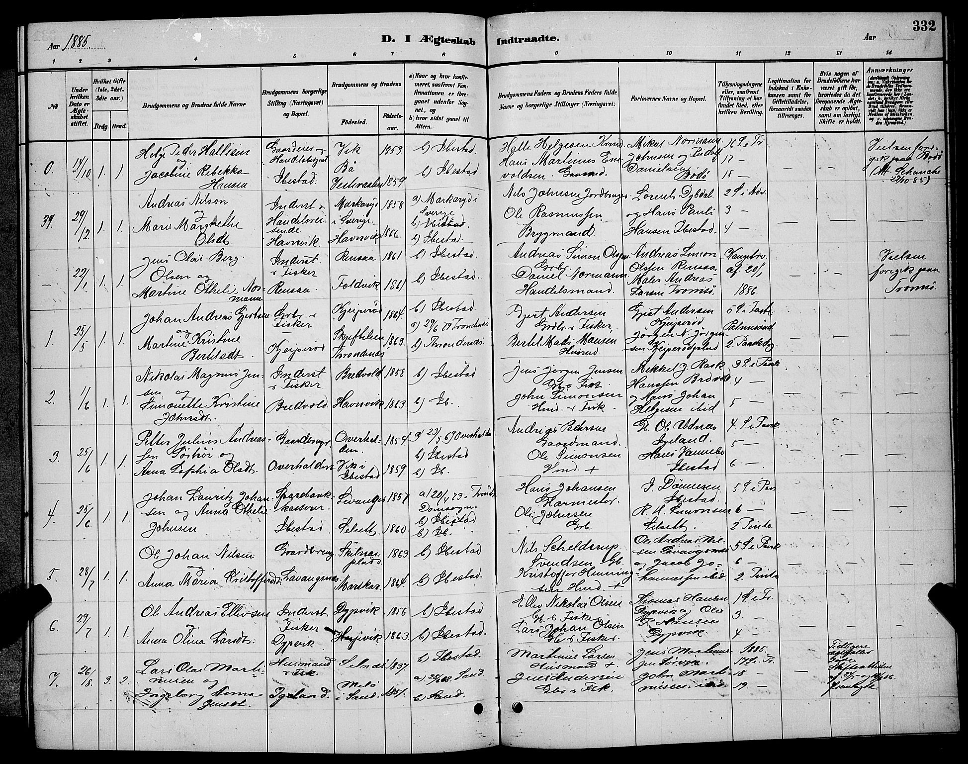 Ibestad sokneprestembete, SATØ/S-0077/H/Ha/Hab/L0007klokker: Parish register (copy) no. 7, 1879-1889, p. 332