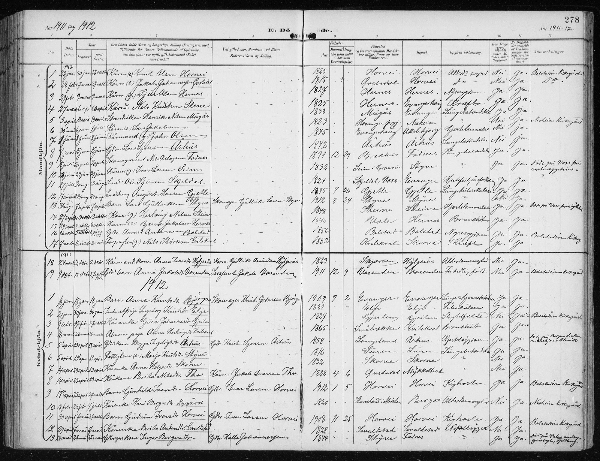 Evanger sokneprestembete, SAB/A-99924: Parish register (official) no. A  3, 1900-1930, p. 278