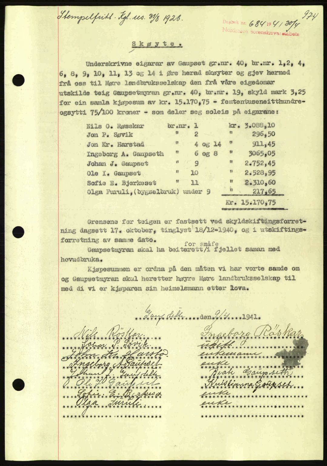 Nordmøre sorenskriveri, SAT/A-4132/1/2/2Ca: Mortgage book no. A89, 1940-1941, Diary no: : 684/1941