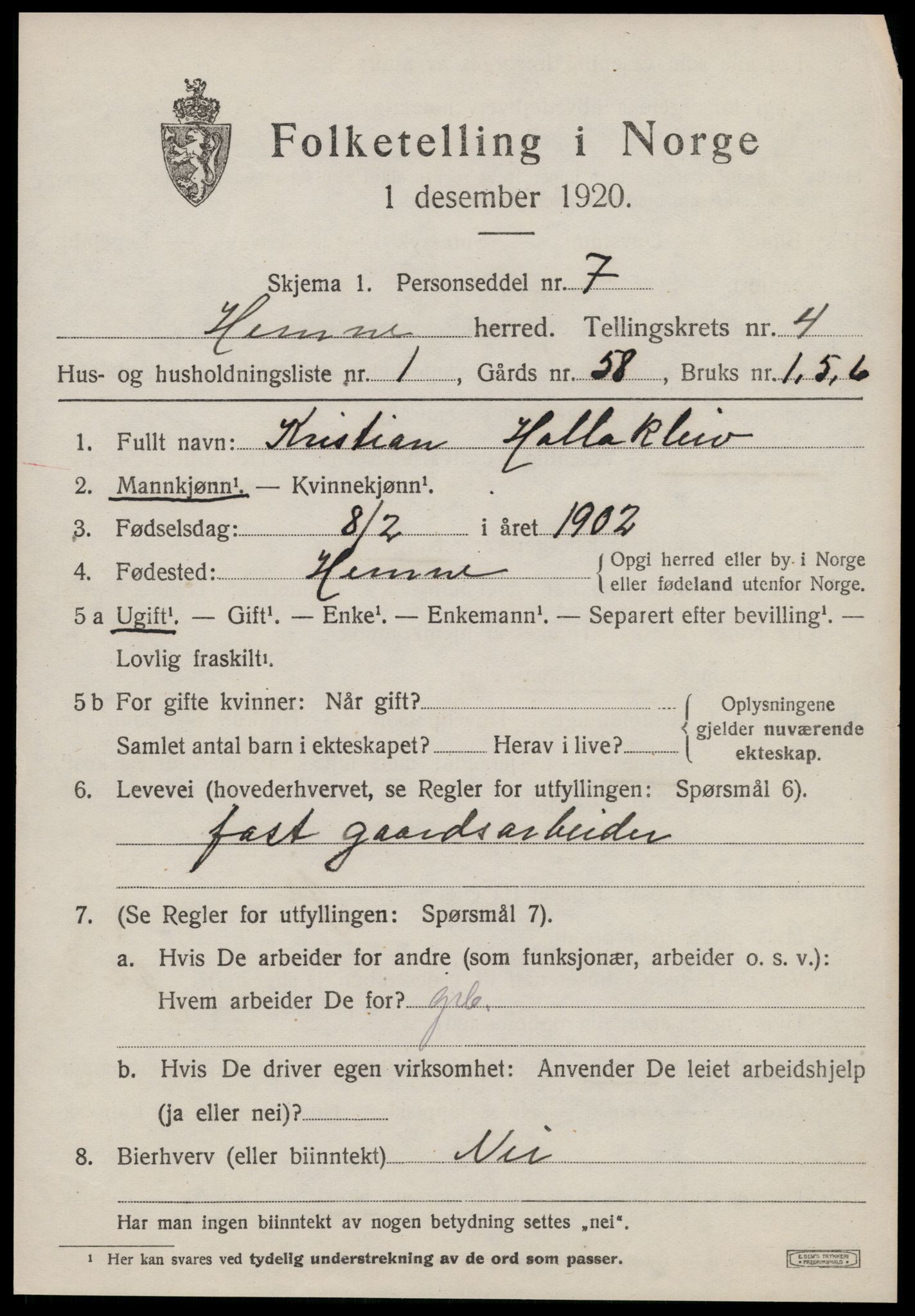 SAT, 1920 census for Hemne, 1920, p. 2862