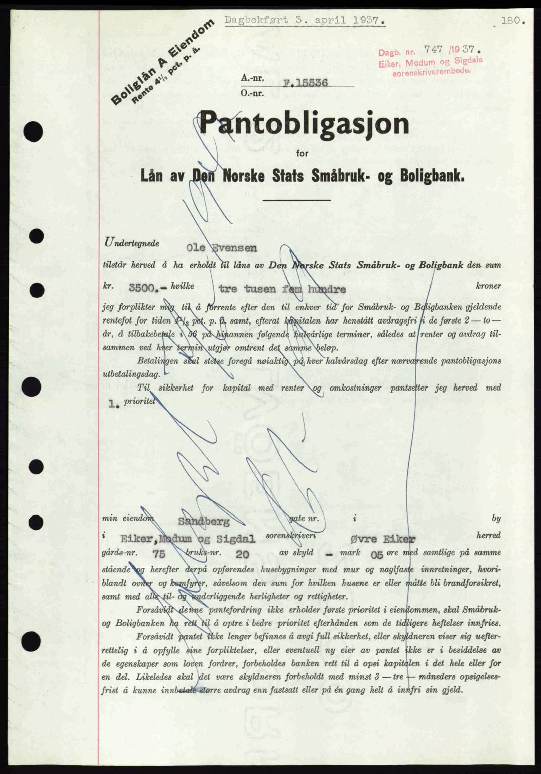 Eiker, Modum og Sigdal sorenskriveri, SAKO/A-123/G/Ga/Gab/L0035: Mortgage book no. A5, 1937-1937, Diary no: : 747/1937