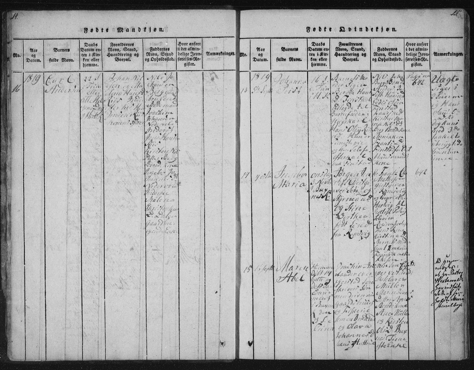 Ministerialprotokoller, klokkerbøker og fødselsregistre - Nordland, AV/SAT-A-1459/881/L1164: Parish register (copy) no. 881C01, 1818-1853, p. 14-15