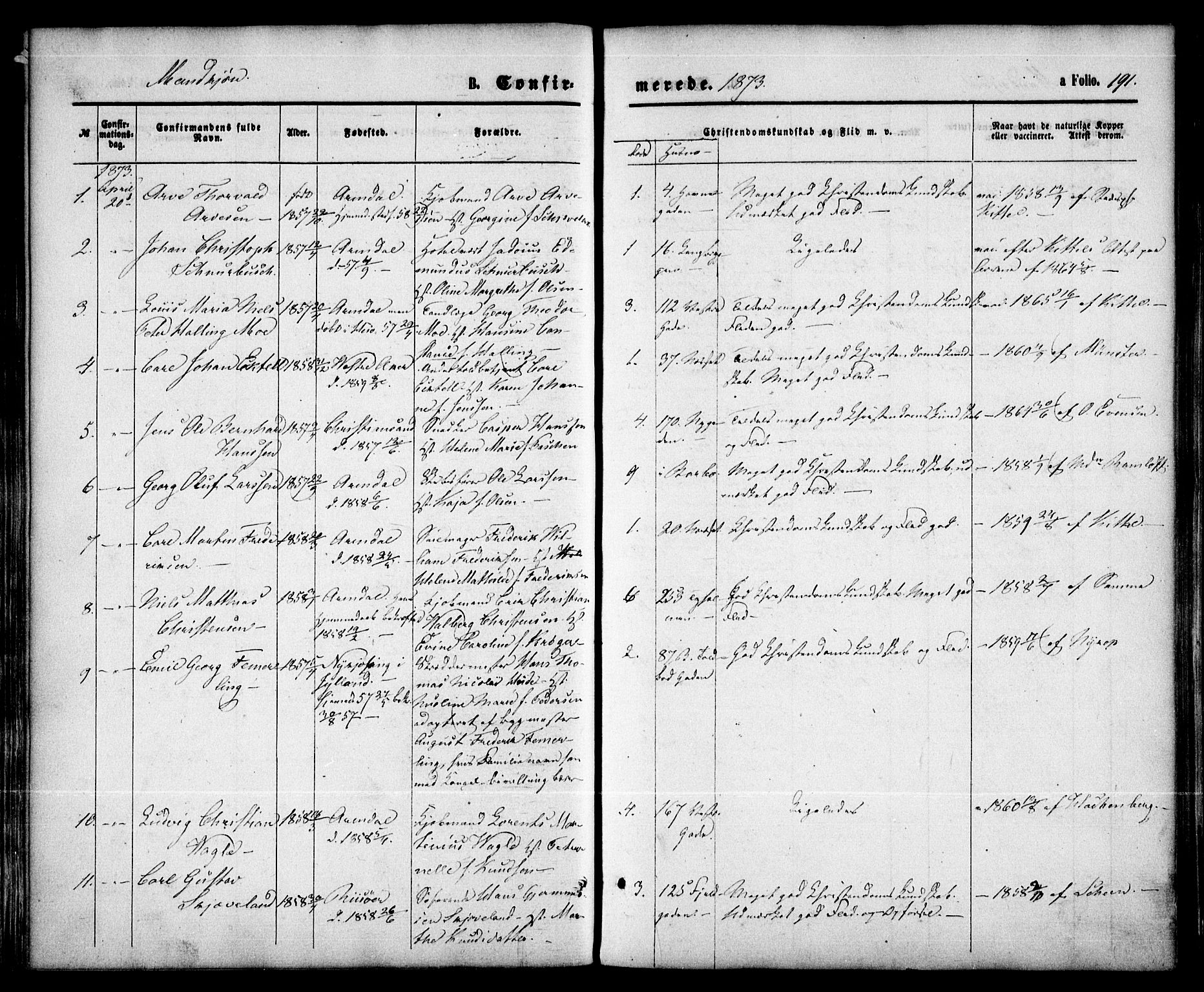 Arendal sokneprestkontor, Trefoldighet, SAK/1111-0040/F/Fa/L0007: Parish register (official) no. A 7, 1868-1878, p. 191