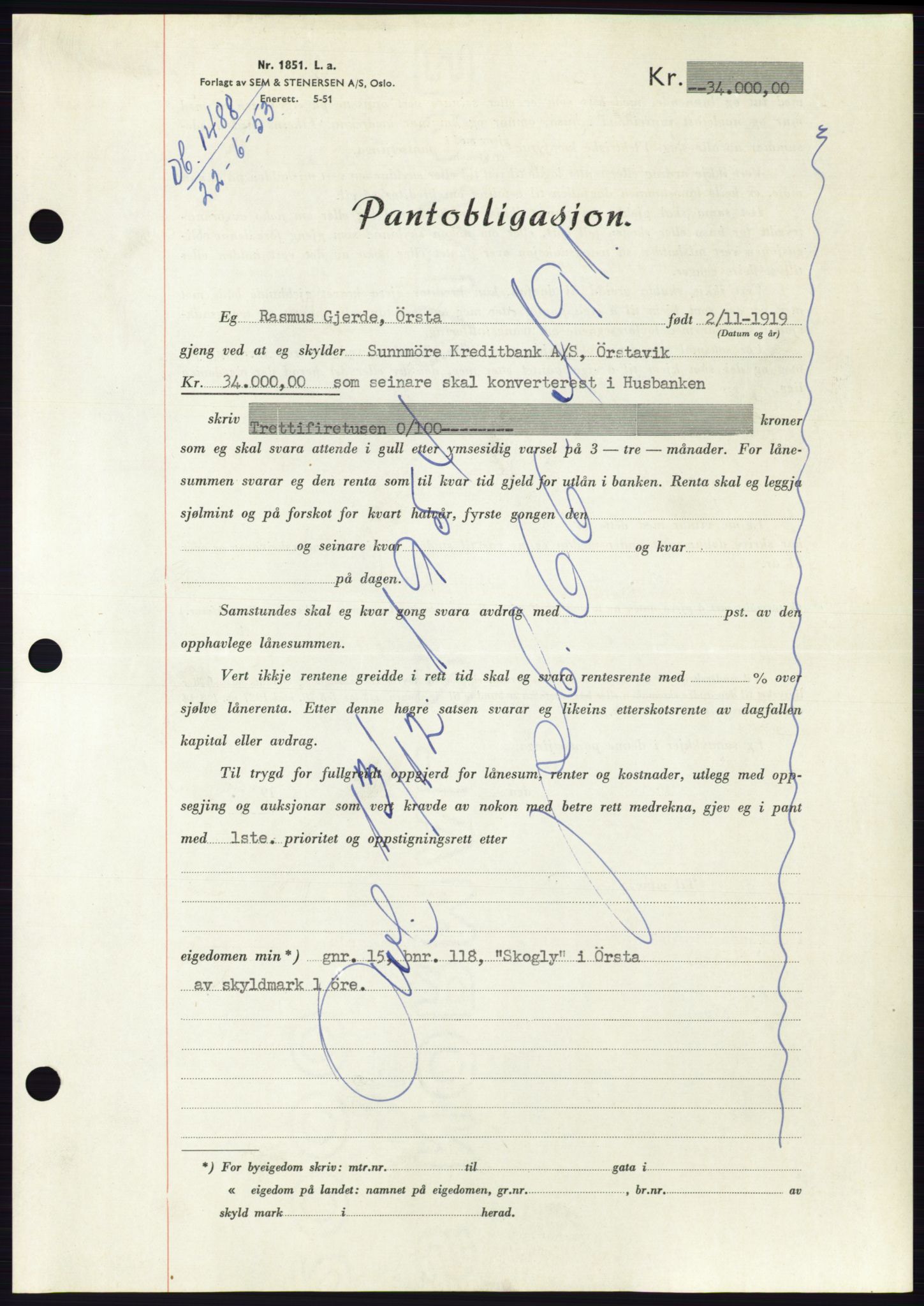 Søre Sunnmøre sorenskriveri, AV/SAT-A-4122/1/2/2C/L0123: Mortgage book no. 11B, 1953-1953, Diary no: : 1488/1953