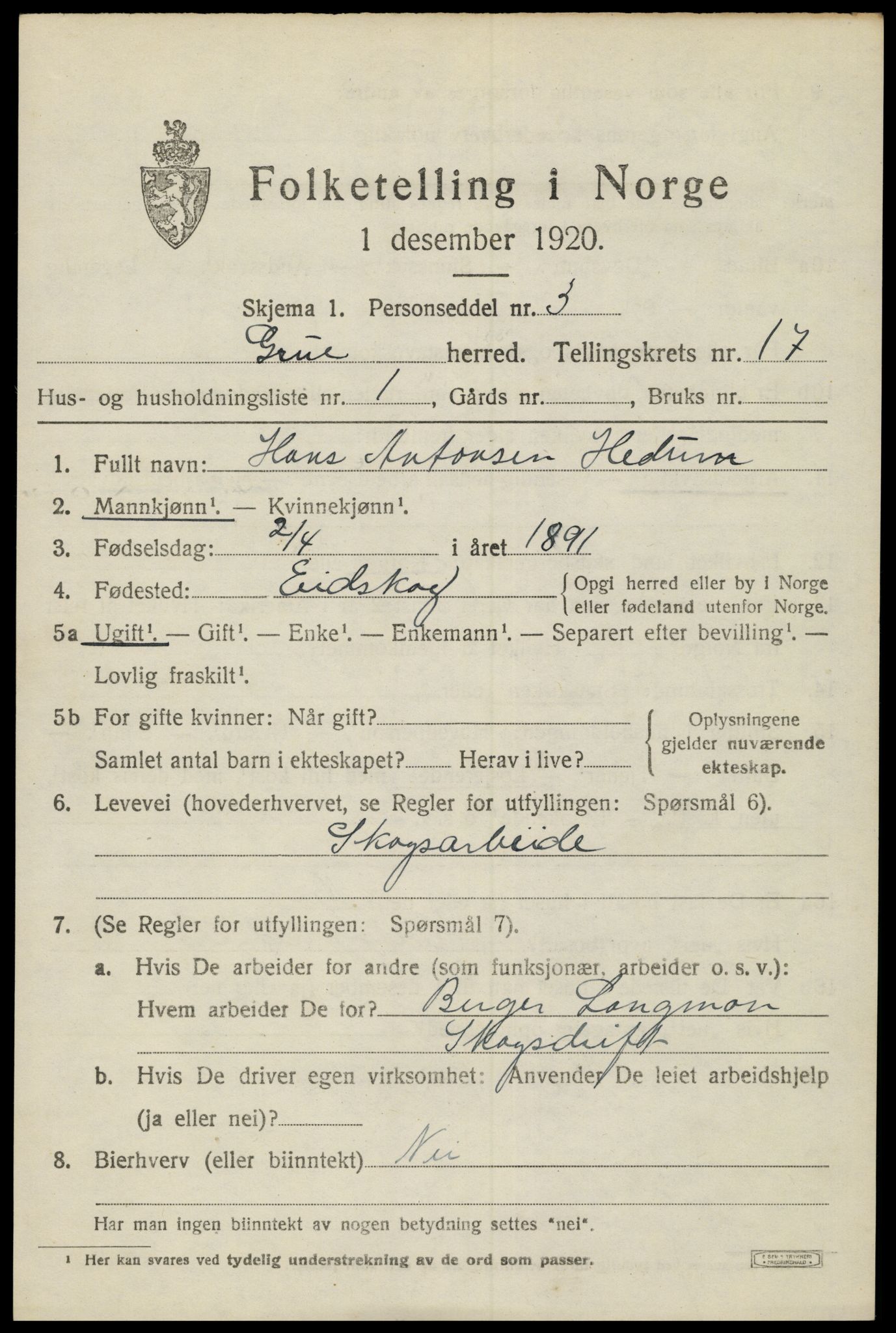 SAH, 1920 census for Grue, 1920, p. 13733