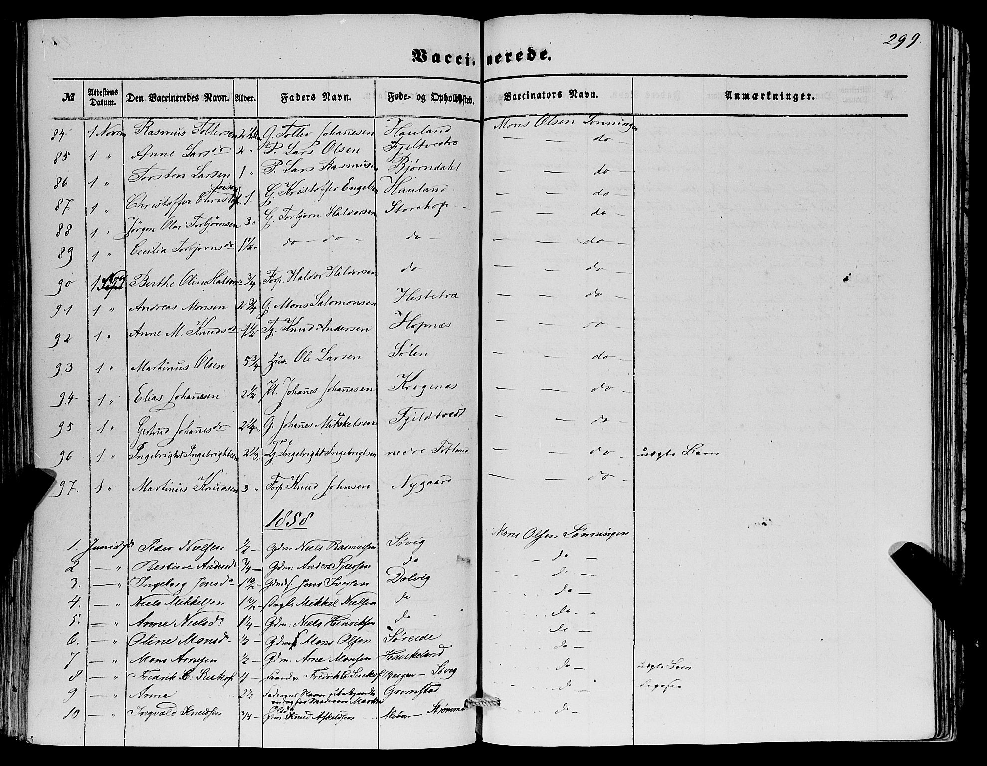 Fana Sokneprestembete, SAB/A-75101/H/Haa/Haaa/L0011: Parish register (official) no. A 11, 1851-1862, p. 299