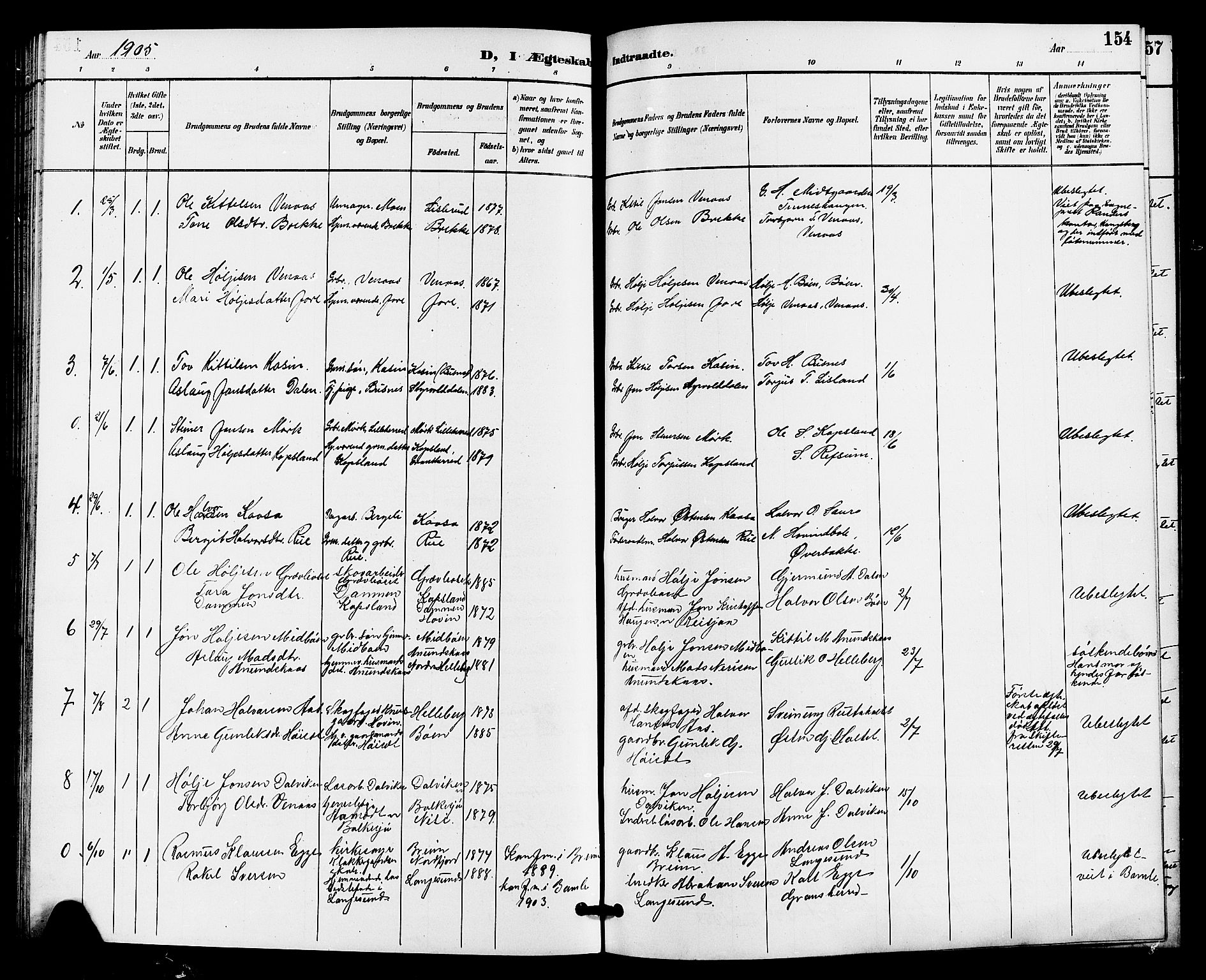 Gransherad kirkebøker, SAKO/A-267/G/Ga/L0003: Parish register (copy) no. I 3, 1887-1915, p. 154