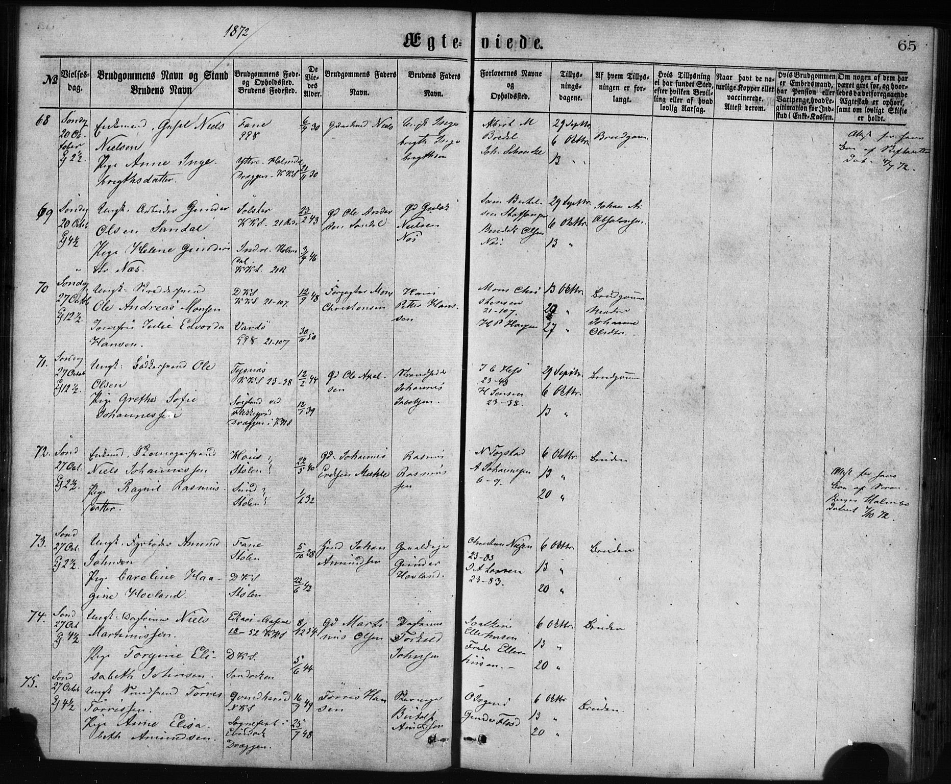 Korskirken sokneprestembete, AV/SAB-A-76101/H/Haa/L0036: Parish register (official) no. D 3, 1867-1882, p. 65