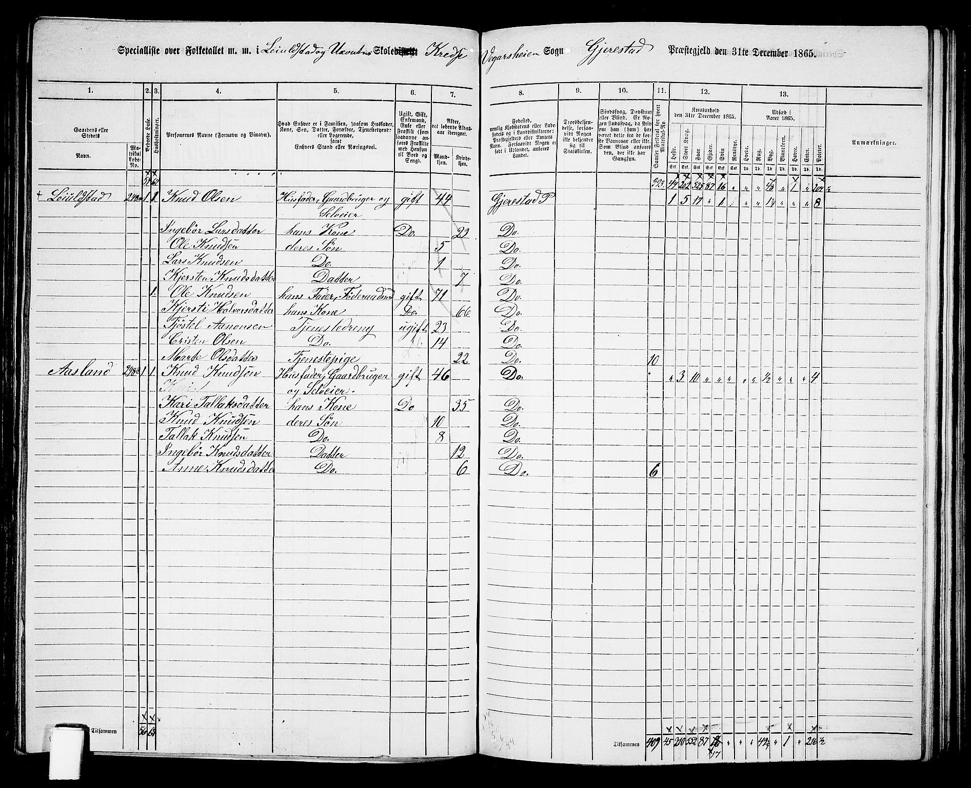 RA, 1865 census for Gjerstad, 1865, p. 145