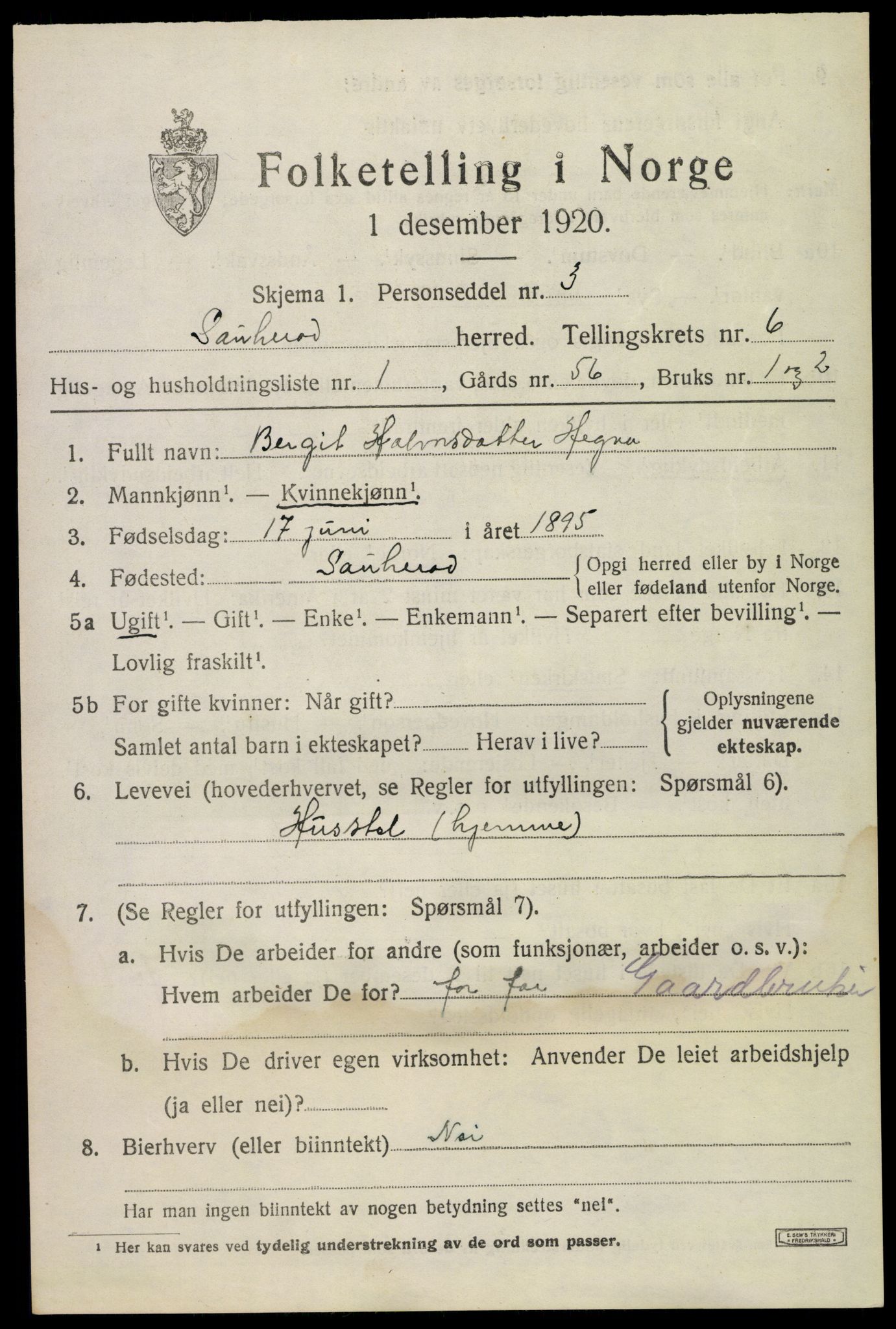 SAKO, 1920 census for Sauherad, 1920, p. 5071