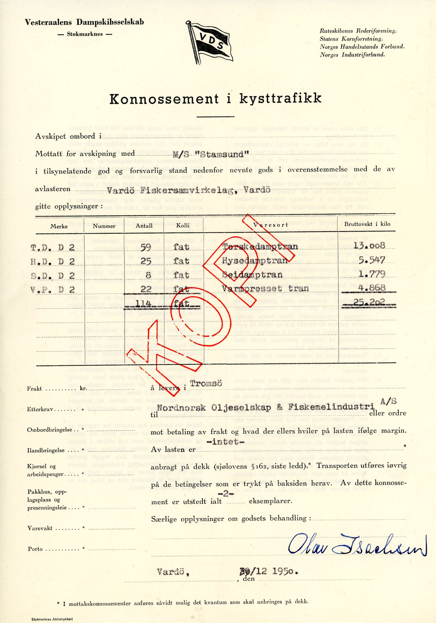 Vardø Fiskersamvirkelag, VAMU/A-0037/D/Da/L0007: Korrespondanse St-Tr, 1947-1950