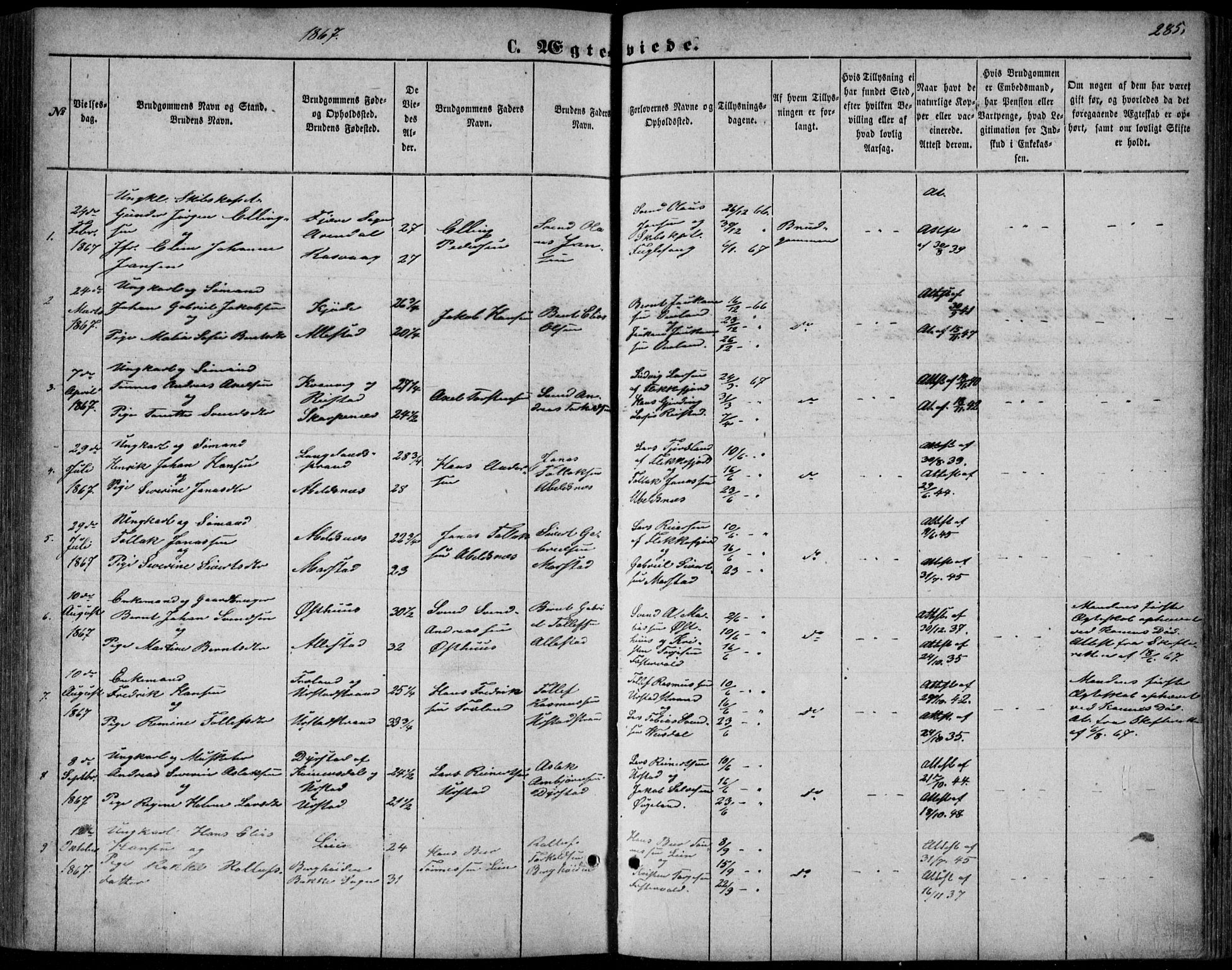 Flekkefjord sokneprestkontor, AV/SAK-1111-0012/F/Fb/Fbb/L0003: Parish register (copy) no. B 3, 1867-1889, p. 285