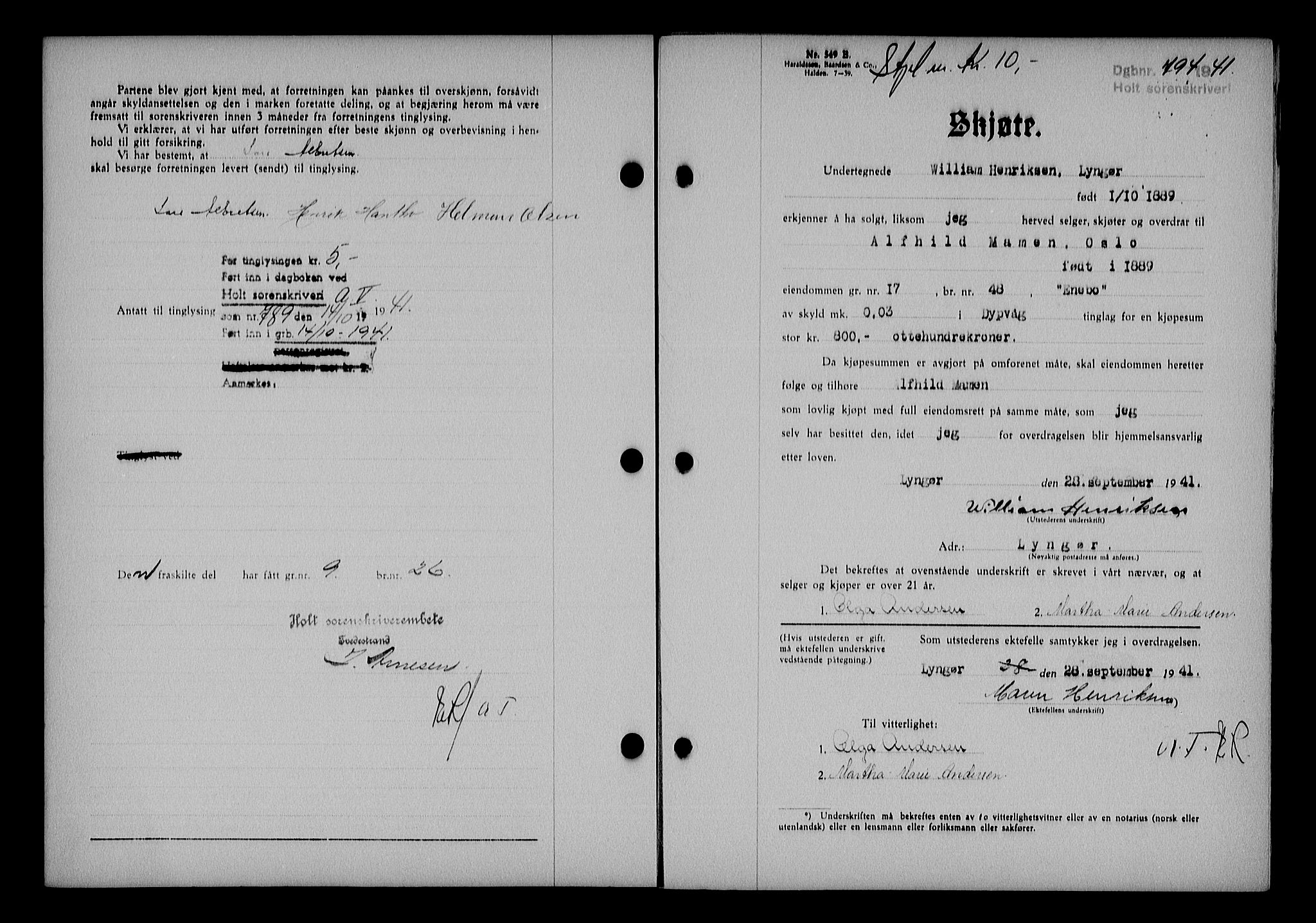 Holt sorenskriveri, AV/SAK-1221-0002/G/Gba/L0050: Mortgage book no. A-V, 1940-1942, Diary no: : 794/1941