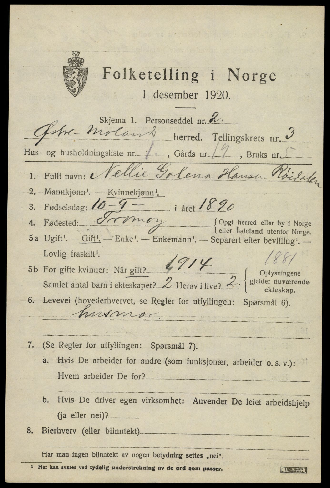 SAK, 1920 census for Austre Moland, 1920, p. 1583