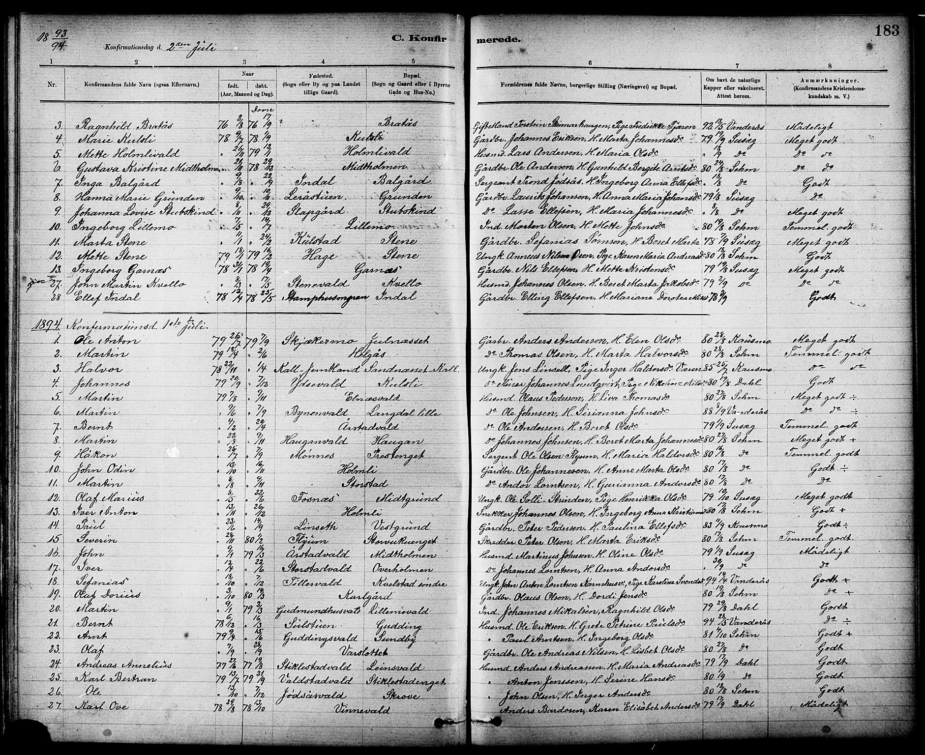 Ministerialprotokoller, klokkerbøker og fødselsregistre - Nord-Trøndelag, SAT/A-1458/724/L0267: Parish register (copy) no. 724C03, 1879-1898, p. 183