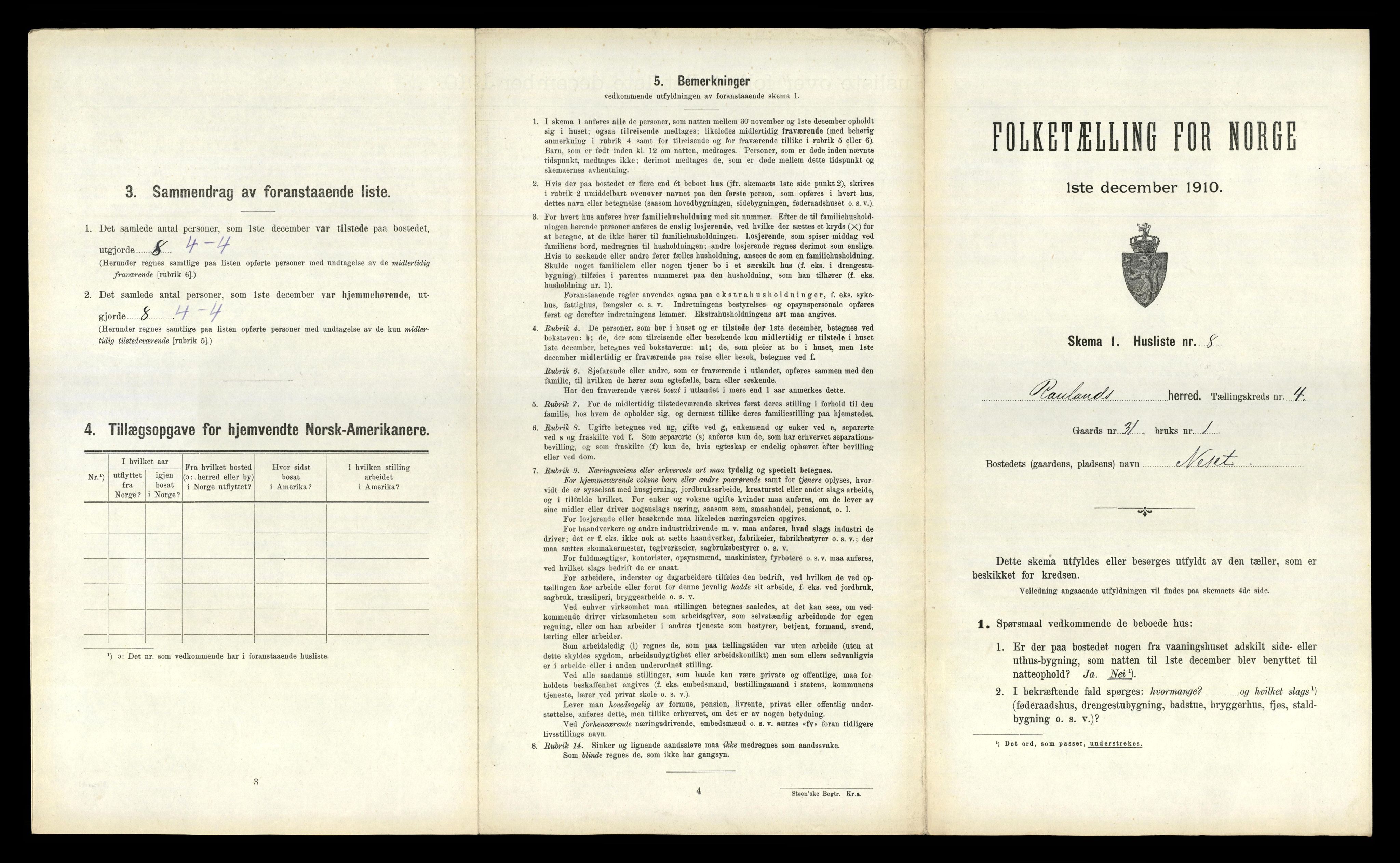 RA, 1910 census for Rauland, 1910, p. 151