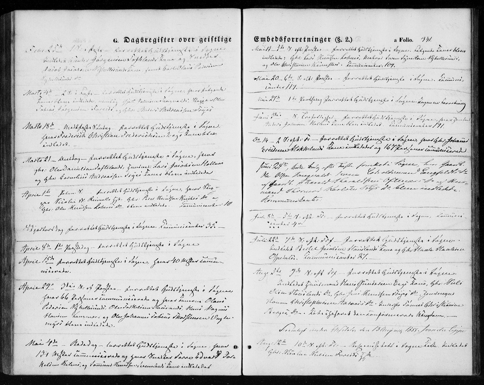 Søgne sokneprestkontor, SAK/1111-0037/F/Fa/Fab/L0010: Parish register (official) no. A 10, 1853-1869, p. 341