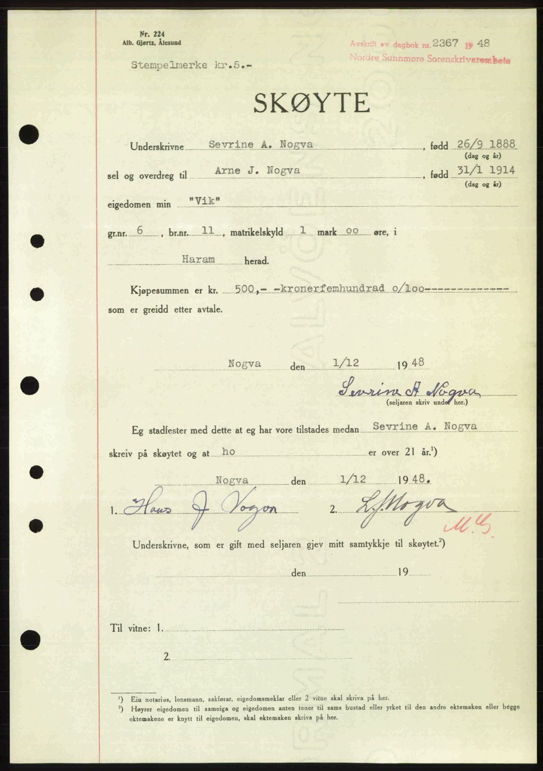 Nordre Sunnmøre sorenskriveri, AV/SAT-A-0006/1/2/2C/2Ca: Mortgage book no. A29, 1948-1949, Diary no: : 2367/1948