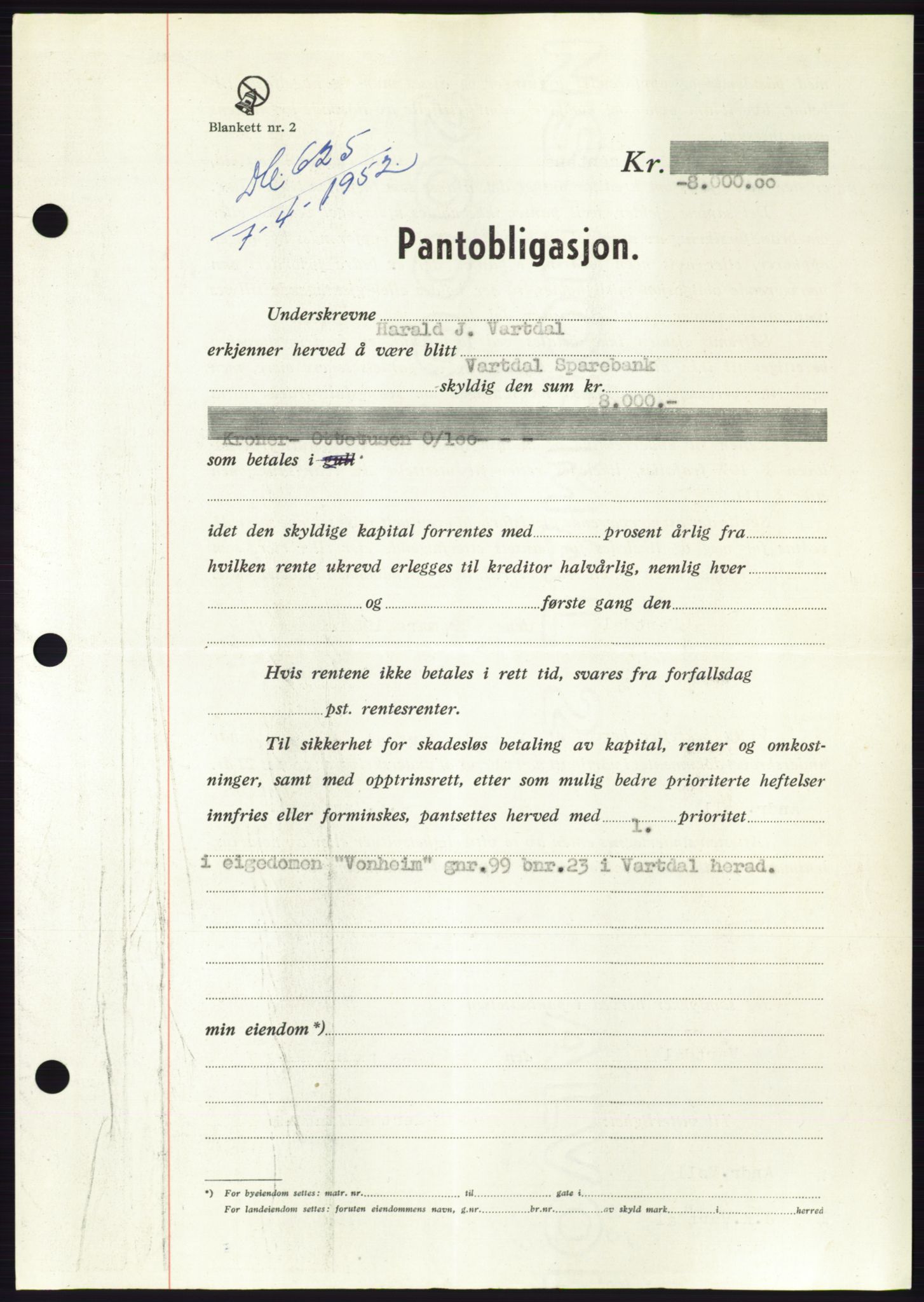 Søre Sunnmøre sorenskriveri, AV/SAT-A-4122/1/2/2C/L0121: Mortgage book no. 9B, 1951-1952, Diary no: : 625/1952