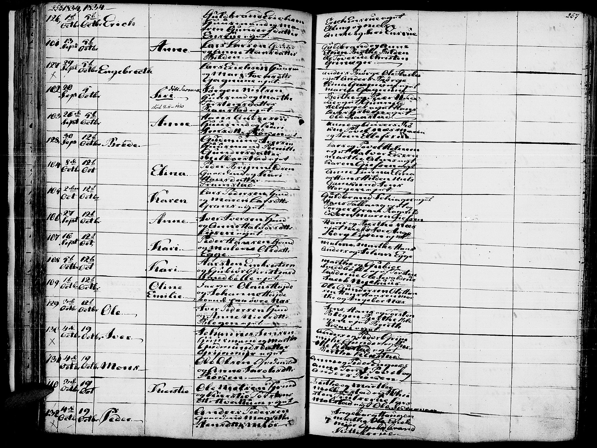 Gran prestekontor, AV/SAH-PREST-112/H/Ha/Haa/L0010: Parish register (official) no. 10, 1824-1842, p. 256-257