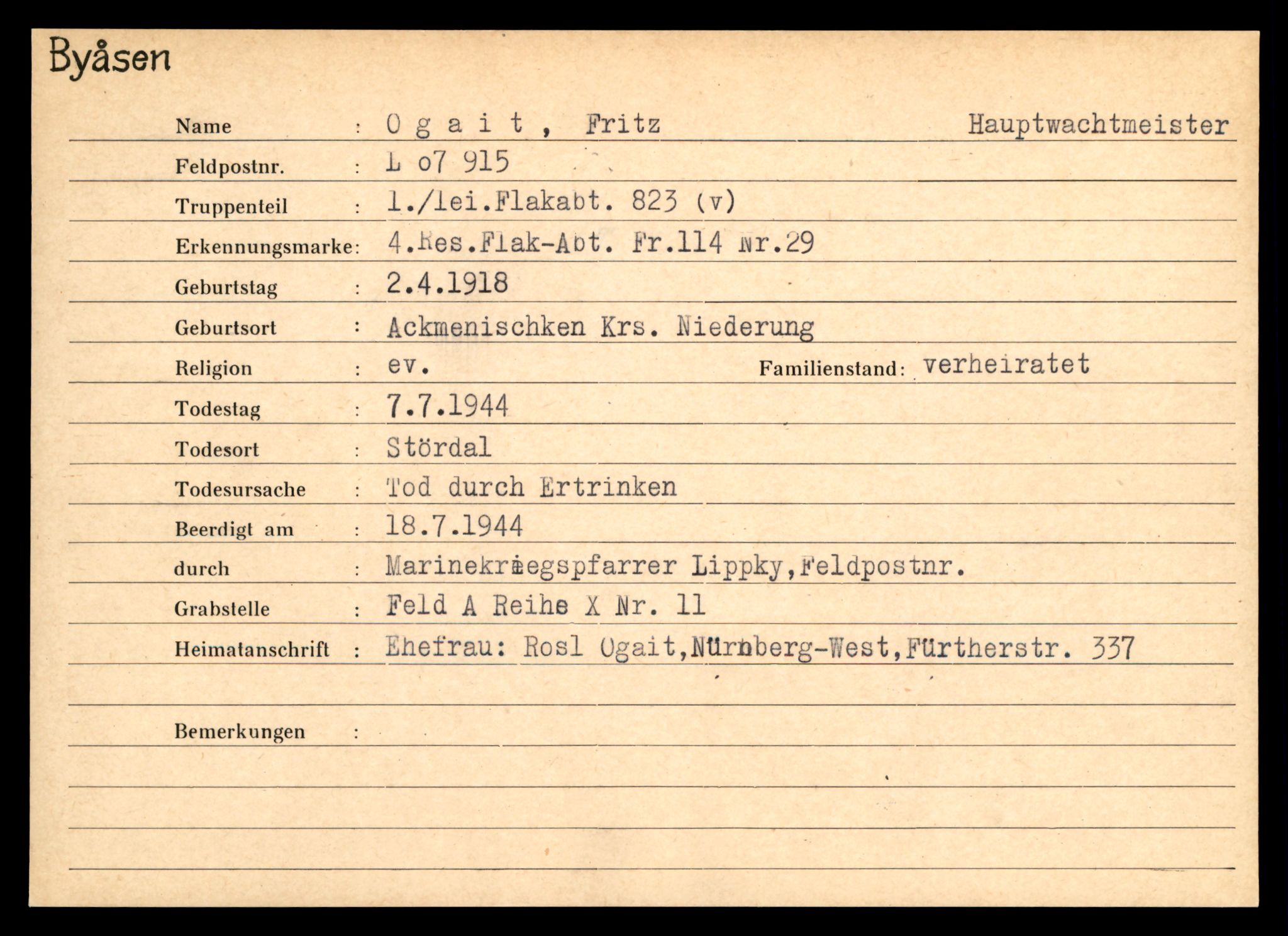 Distriktskontoret for krigsgraver, AV/SAT-A-5030/E/L0004: Kasett/kartotek over tysk Krigskirkegård på Byåsen, 1945, p. 1233