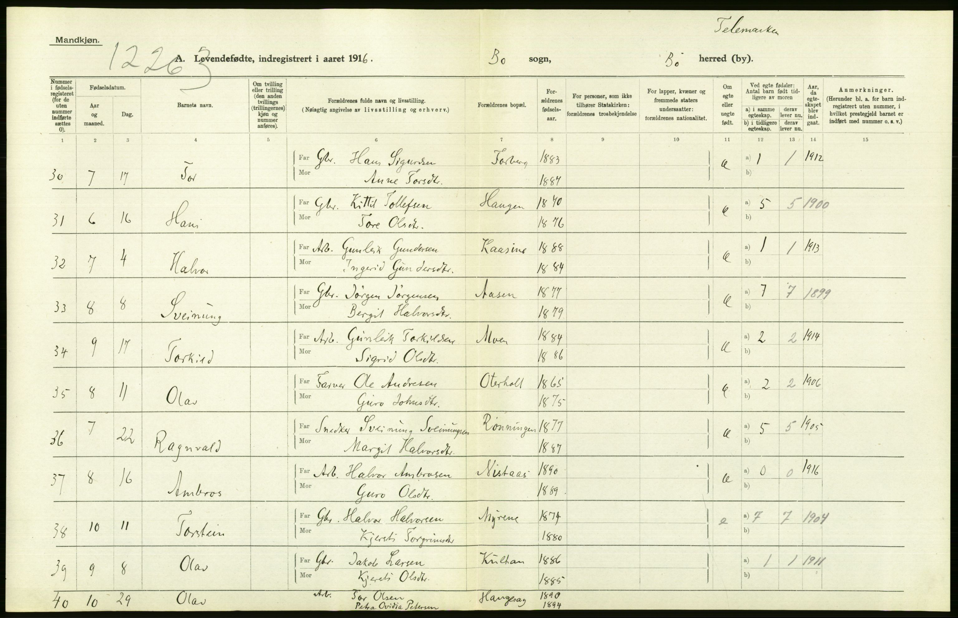 Statistisk sentralbyrå, Sosiodemografiske emner, Befolkning, AV/RA-S-2228/D/Df/Dfb/Dfbf/L0022: Bratsberg amt: Levendefødte menn og kvinner. Bygder., 1916, p. 282