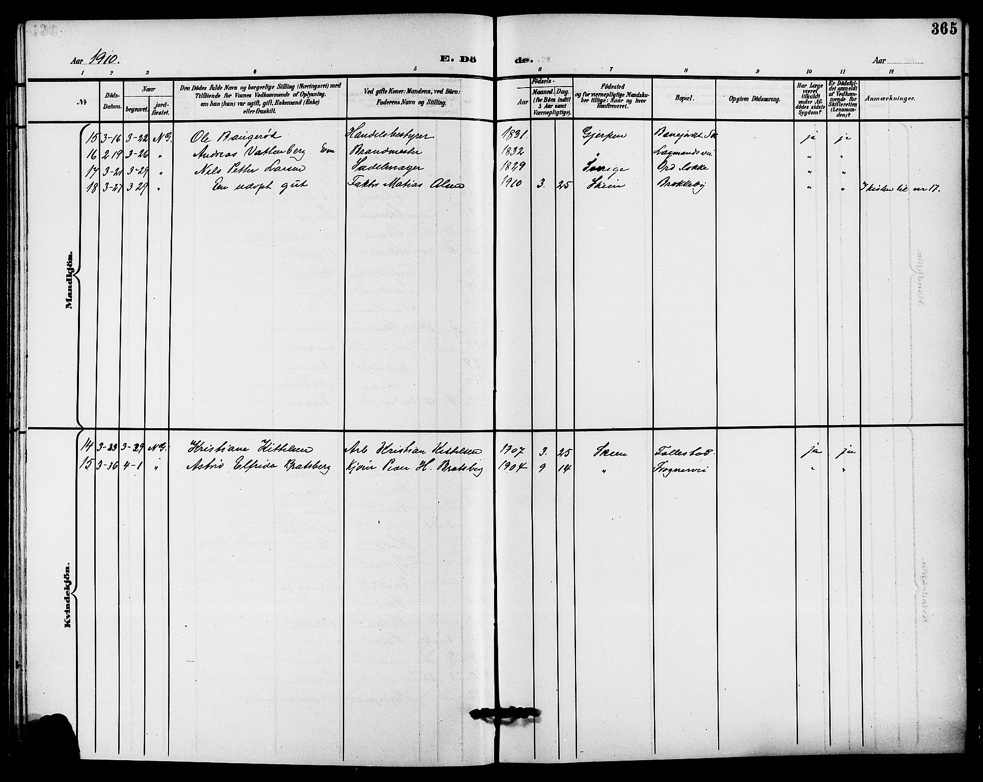 Skien kirkebøker, SAKO/A-302/G/Ga/L0008: Parish register (copy) no. 8, 1900-1910, p. 365