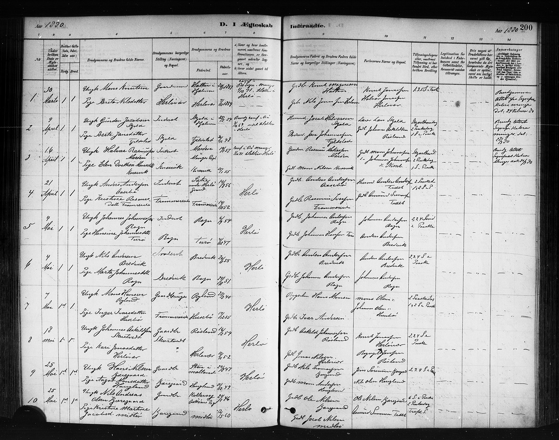 Herdla Sokneprestembete, SAB/A-75701/H/Haa: Parish register (official) no. A 3, 1878-1890, p. 200