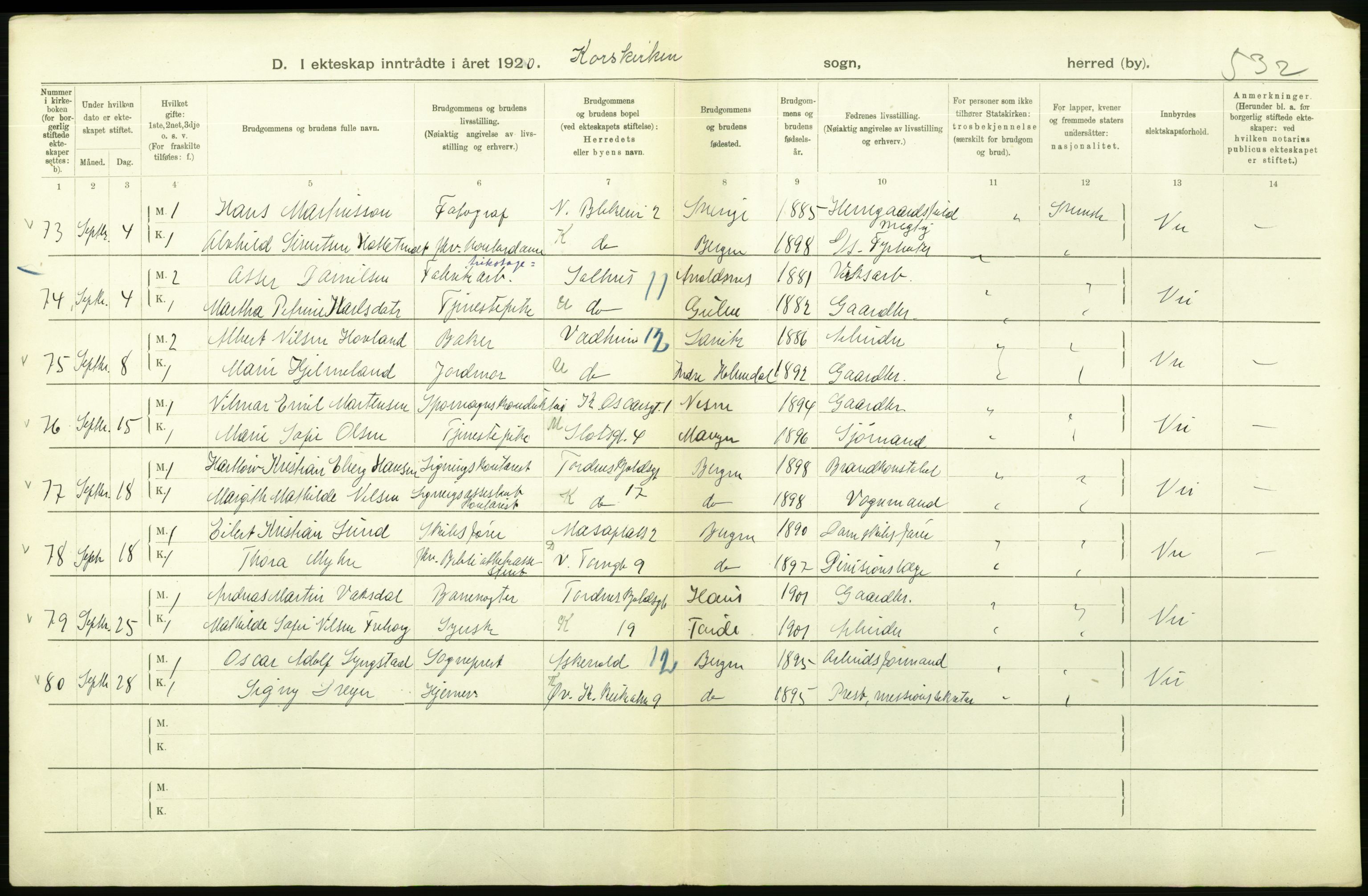 Statistisk sentralbyrå, Sosiodemografiske emner, Befolkning, AV/RA-S-2228/D/Df/Dfb/Dfbj/L0042: Bergen: Gifte, døde, dødfødte., 1920, p. 196