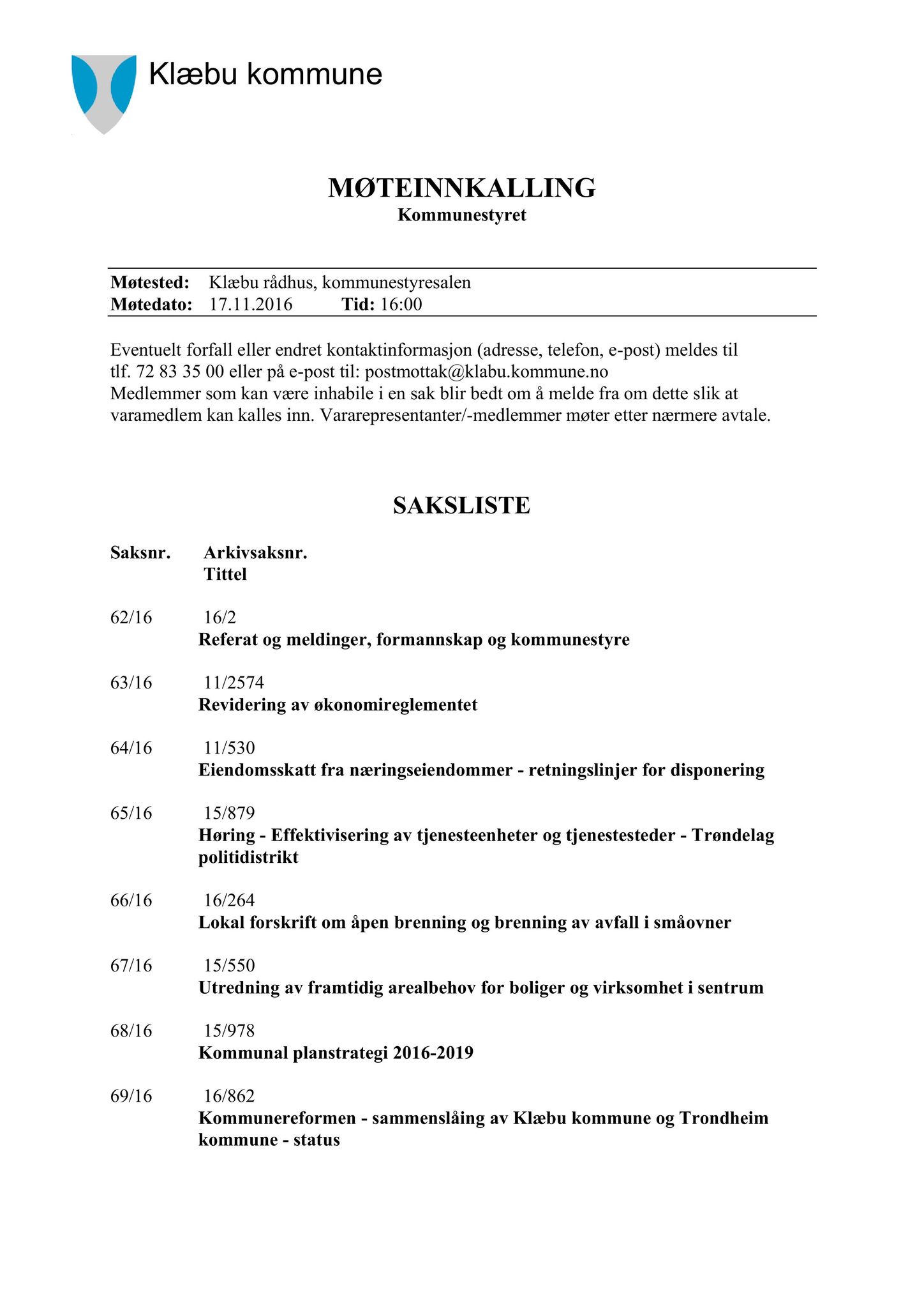 Klæbu Kommune, TRKO/KK/01-KS/L009: Kommunestyret - Møtedokumenter, 2016, p. 1809