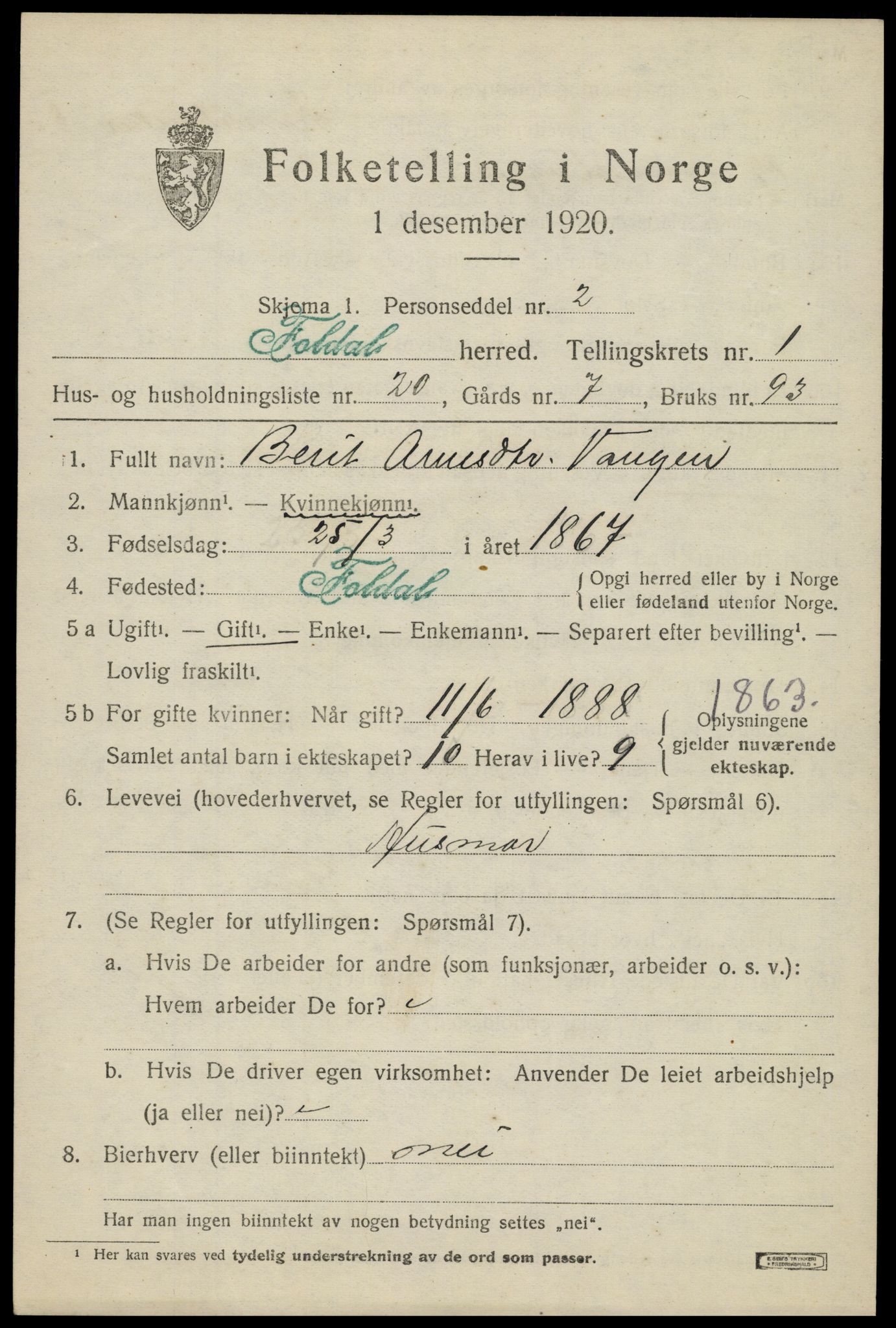 SAH, 1920 census for Folldal, 1920, p. 1027