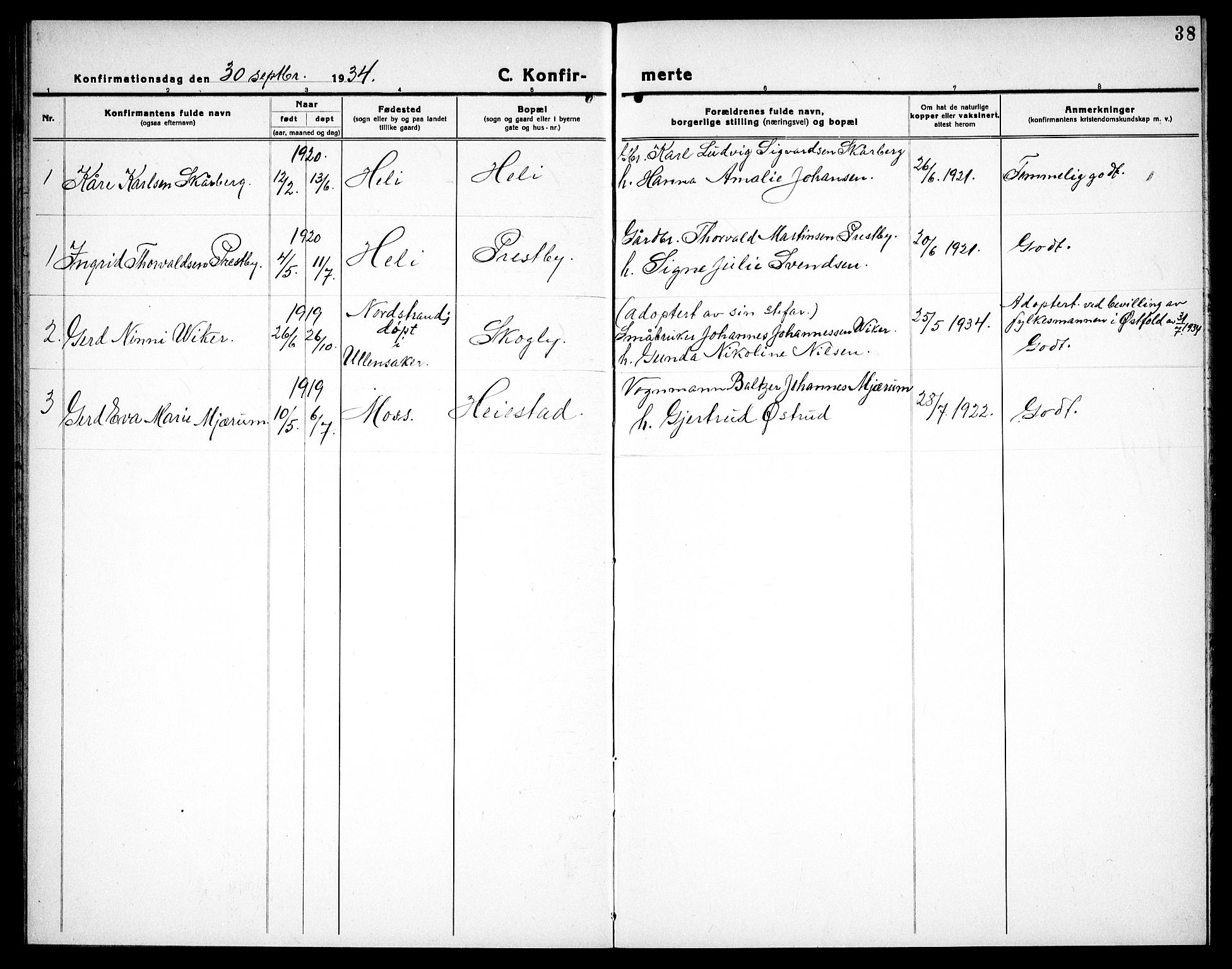 Spydeberg prestekontor Kirkebøker, SAO/A-10924/G/Gc/L0002: Parish register (copy) no. III 2, 1918-1939, p. 38