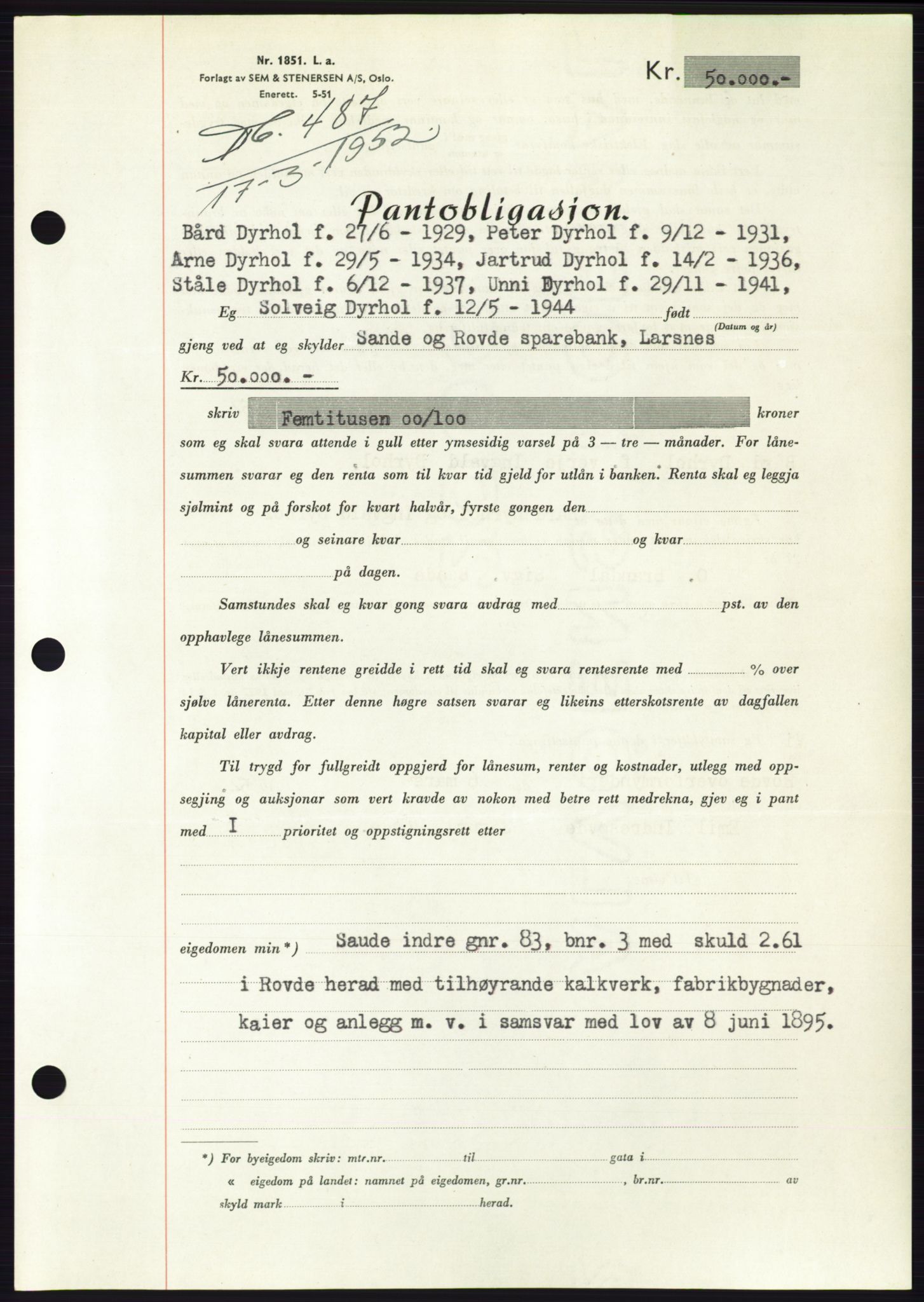 Søre Sunnmøre sorenskriveri, AV/SAT-A-4122/1/2/2C/L0121: Mortgage book no. 9B, 1951-1952, Diary no: : 487/1952
