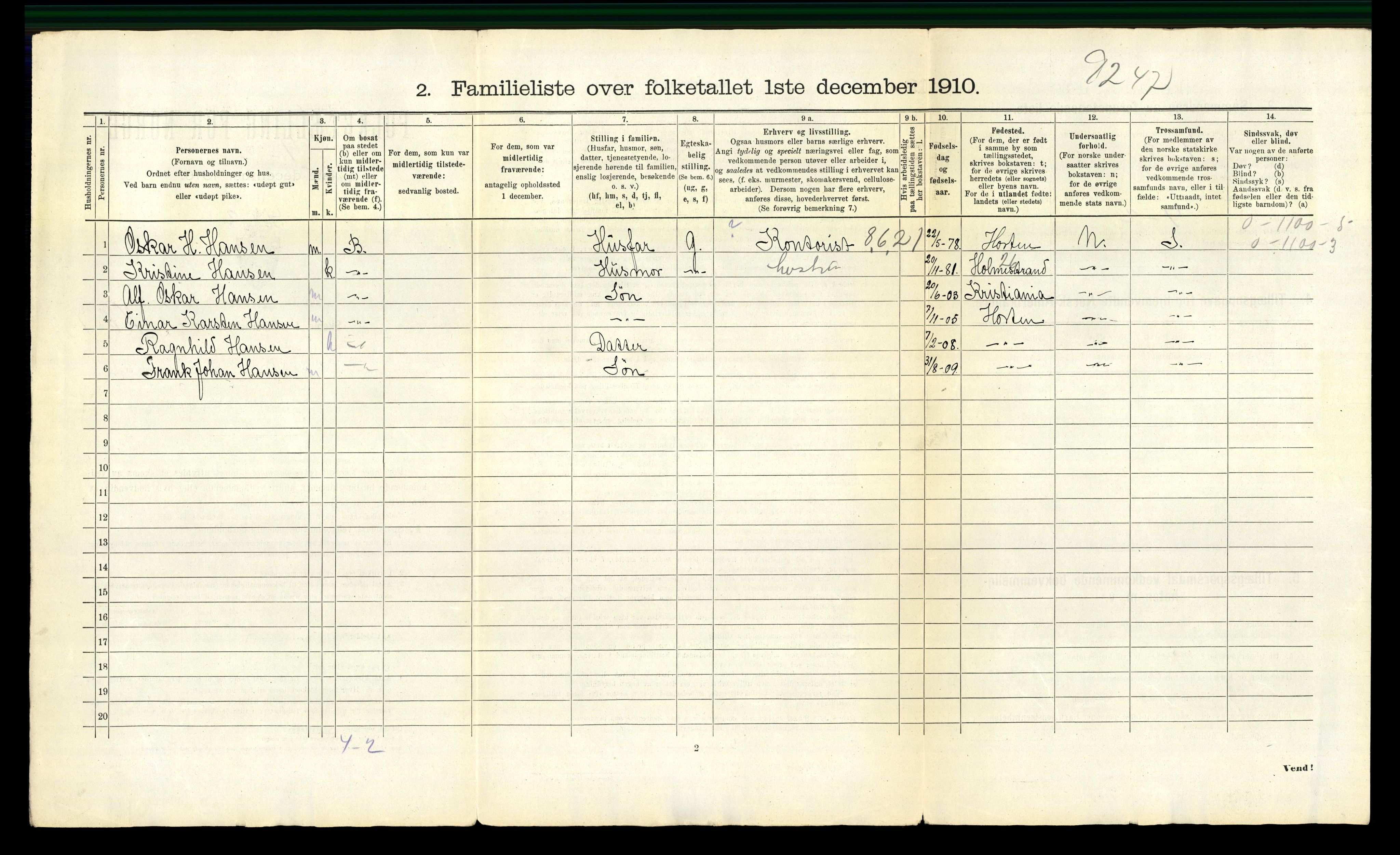 RA, 1910 census for Horten, 1910, p. 1237