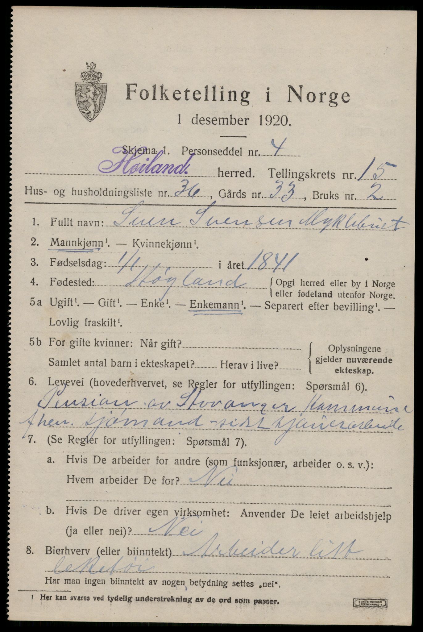 SAST, 1920 census for Høyland, 1920, p. 14094