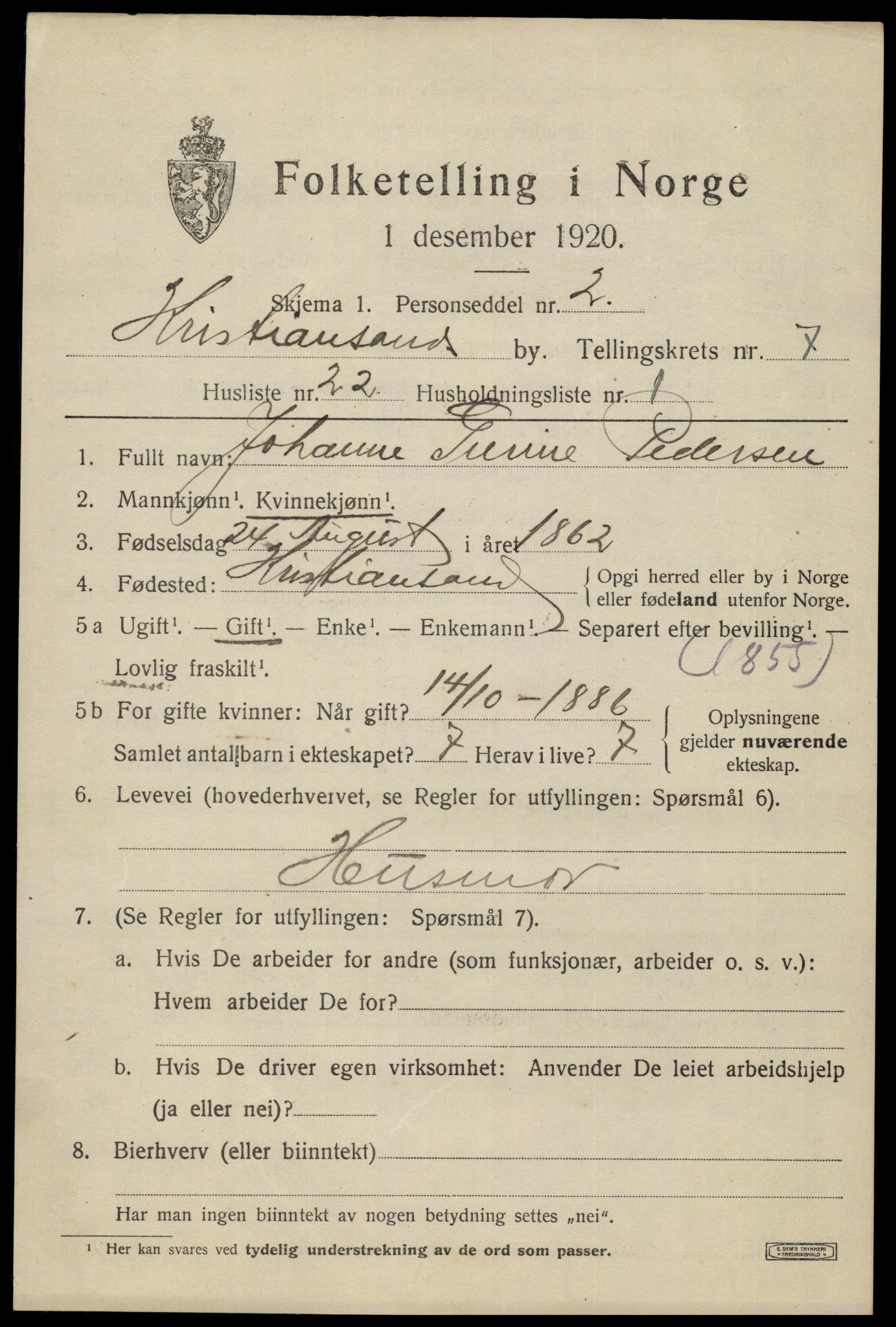 SAK, 1920 census for Kristiansand, 1920, p. 20433