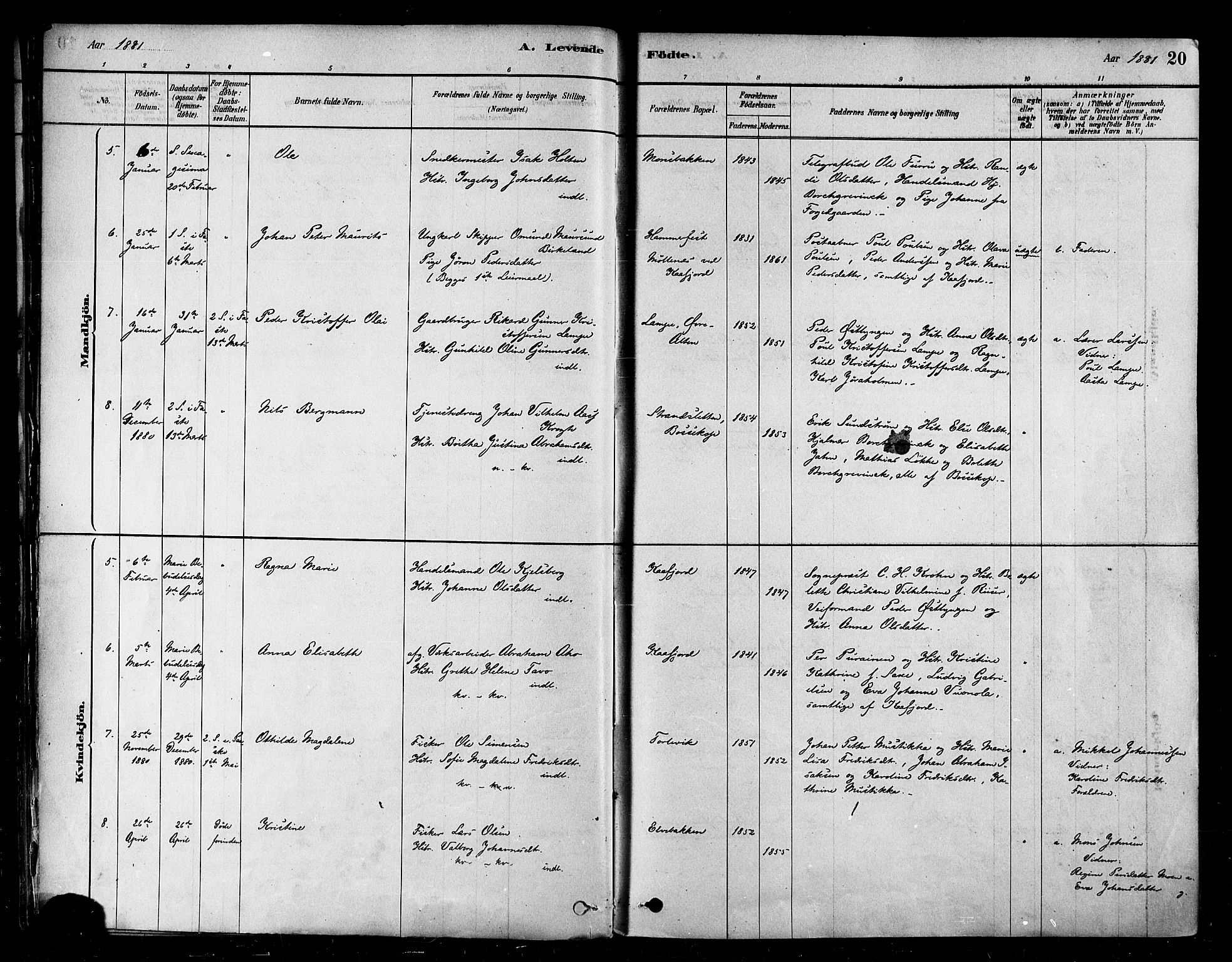 Alta sokneprestkontor, AV/SATØ-S-1338/H/Ha/L0002.kirke: Parish register (official) no. 2, 1879-1892, p. 20