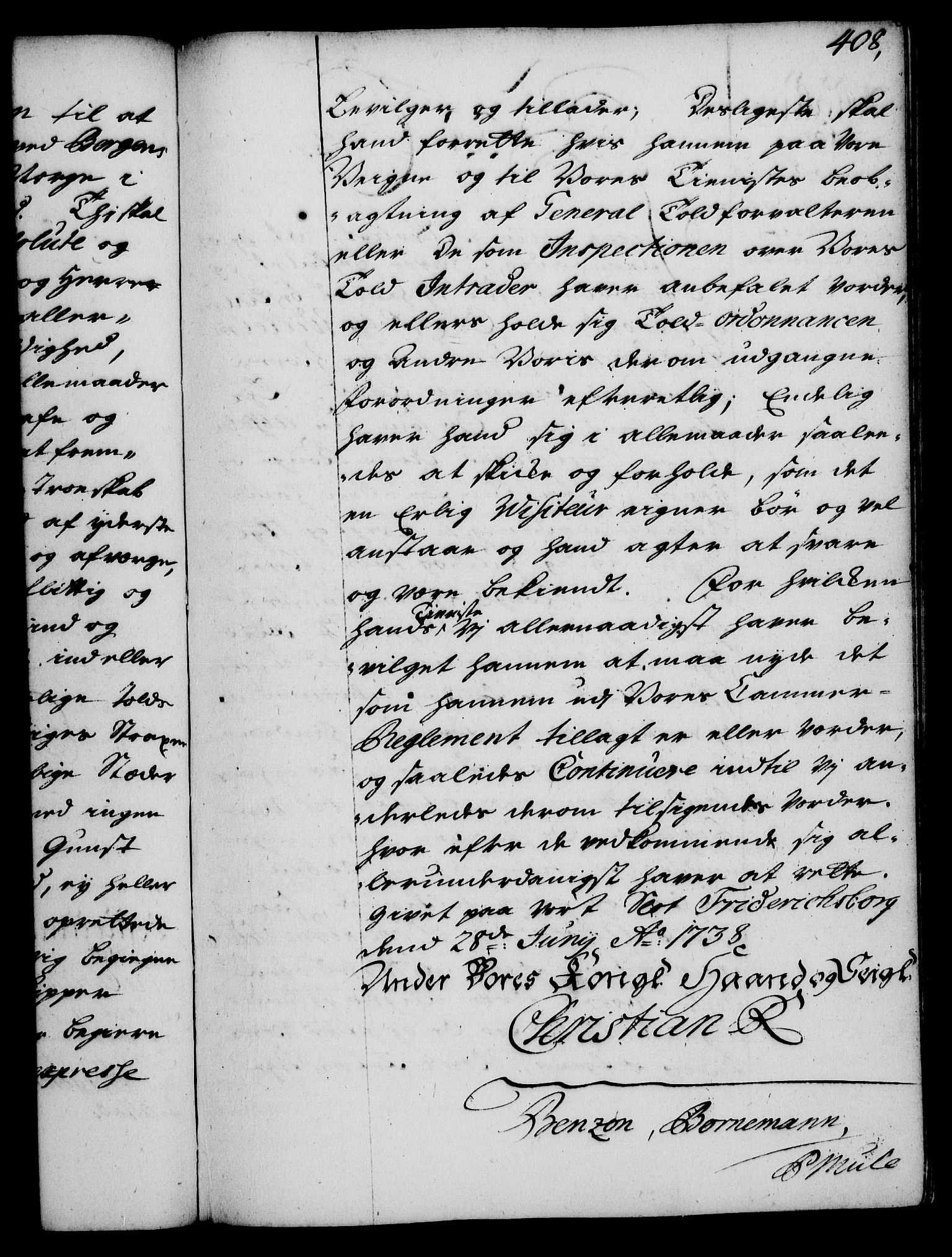 Rentekammeret, Kammerkanselliet, RA/EA-3111/G/Gg/Gge/L0002: Norsk bestallingsprotokoll med register (merket RK 53.26), 1730-1744, p. 408