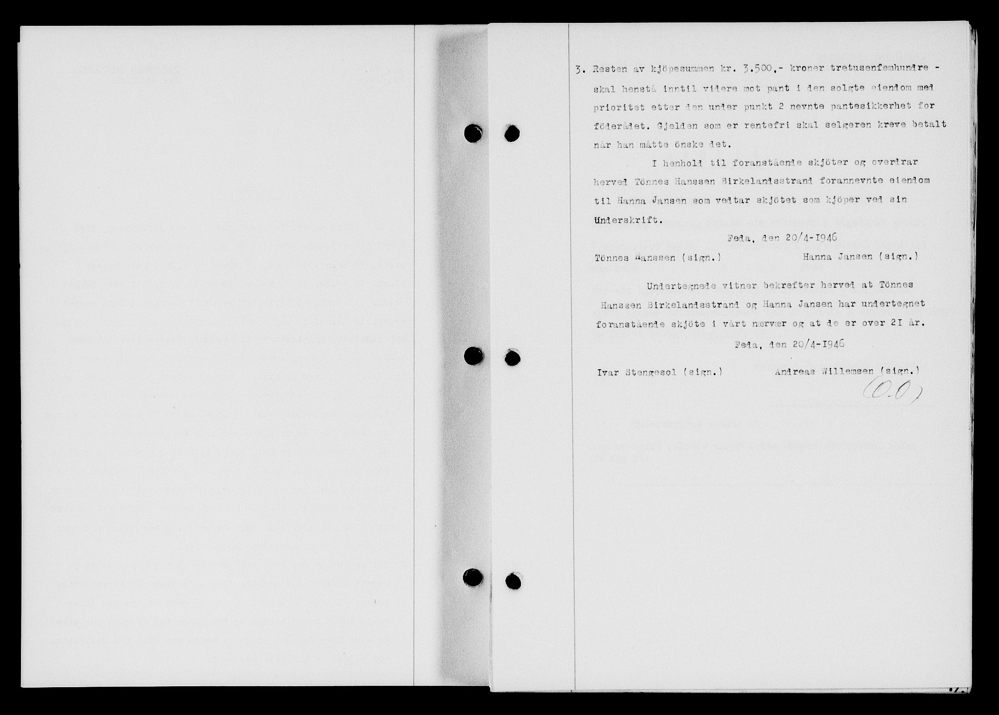 Flekkefjord sorenskriveri, SAK/1221-0001/G/Gb/Gba/L0060: Mortgage book no. A-8, 1945-1946, Diary no: : 308/1946