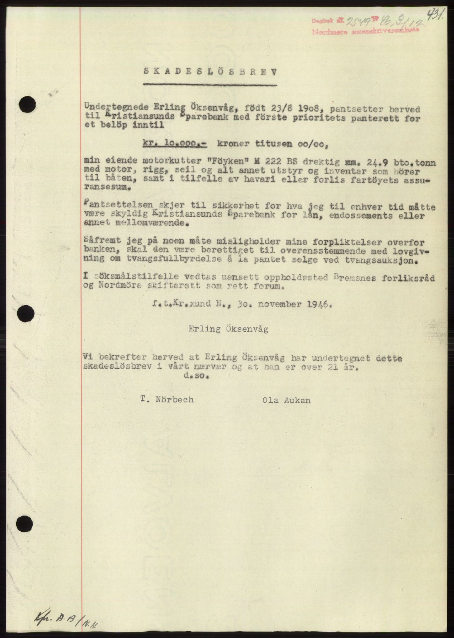 Nordmøre sorenskriveri, AV/SAT-A-4132/1/2/2Ca: Mortgage book no. B95, 1946-1947, Diary no: : 2549/1946