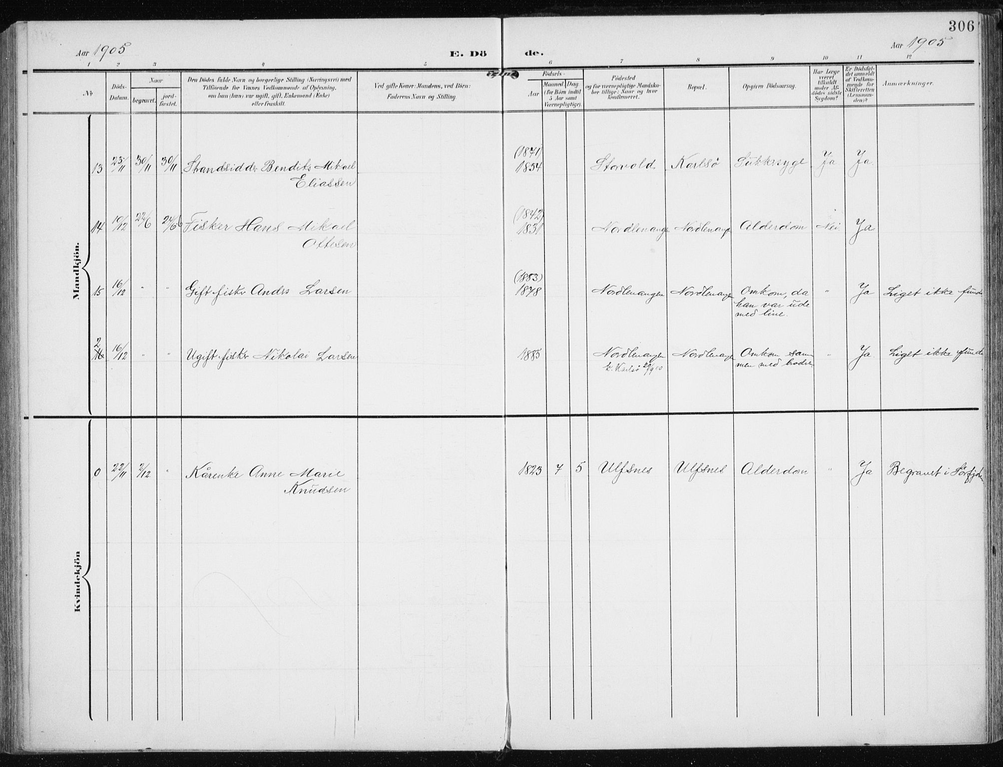 Karlsøy sokneprestembete, AV/SATØ-S-1299/H/Ha/Haa/L0014kirke: Parish register (official) no. 14, 1903-1917, p. 306